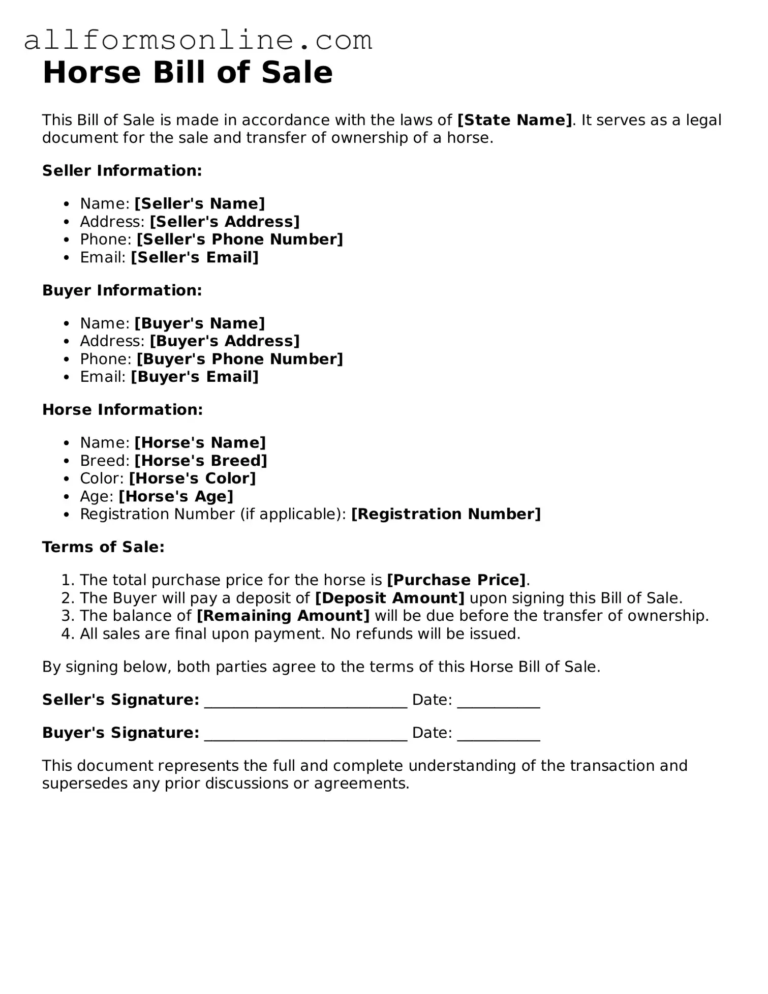 Blank Horse Bill of Sale Form