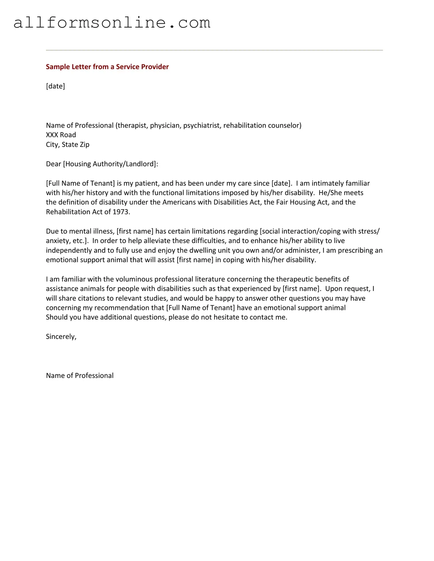 Free Emotional Support Animal Letter PDF Form