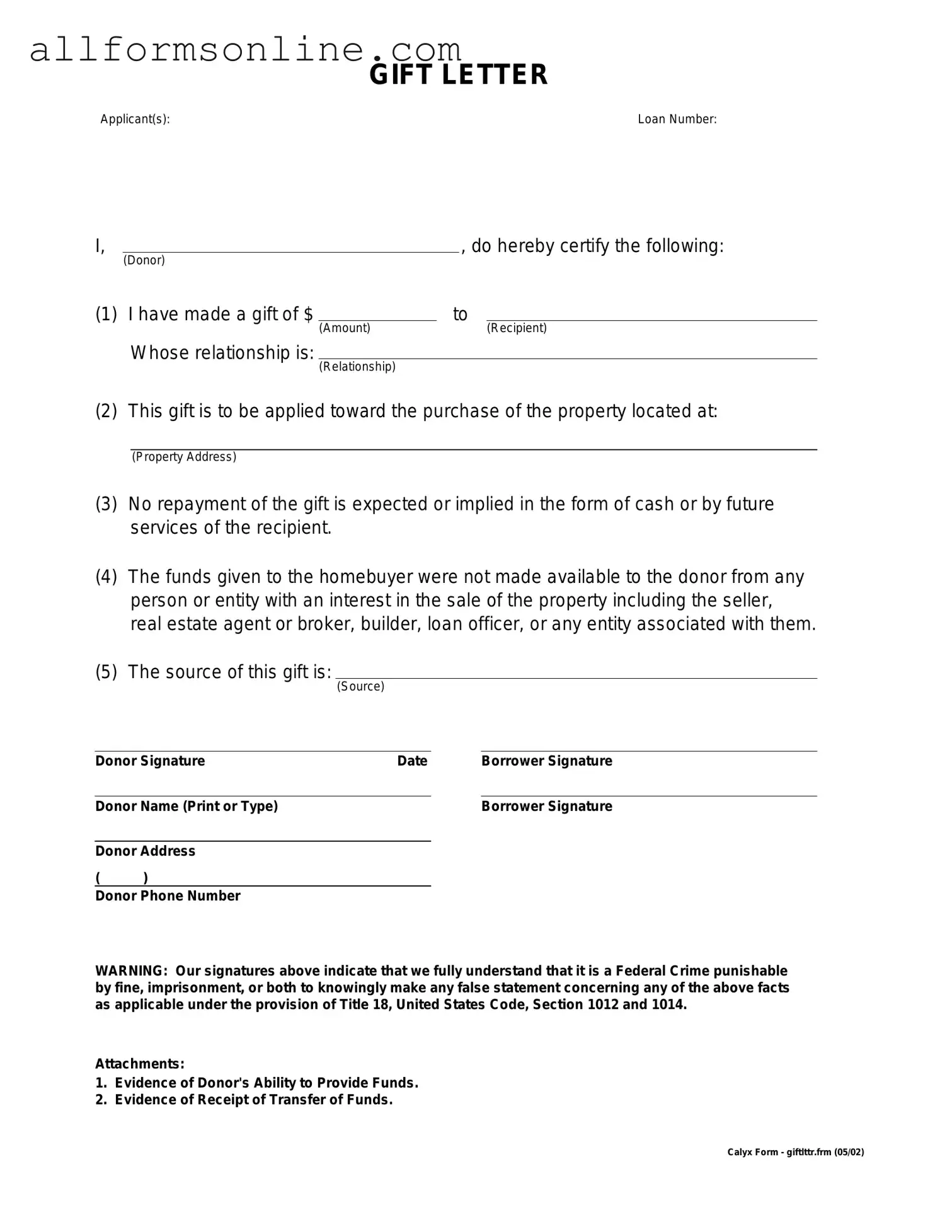Free Gift Letter PDF Form
