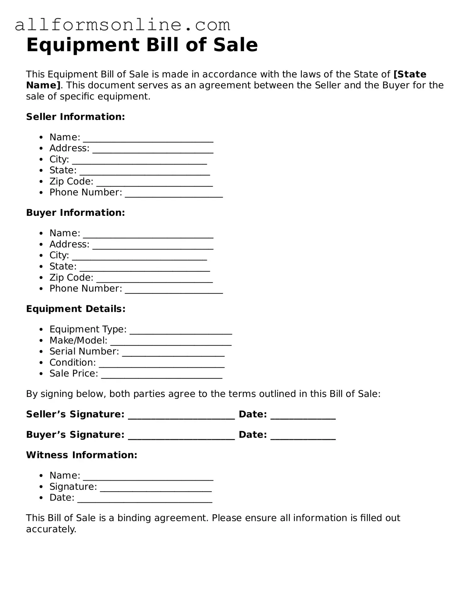 Blank Equipment Bill of Sale Form