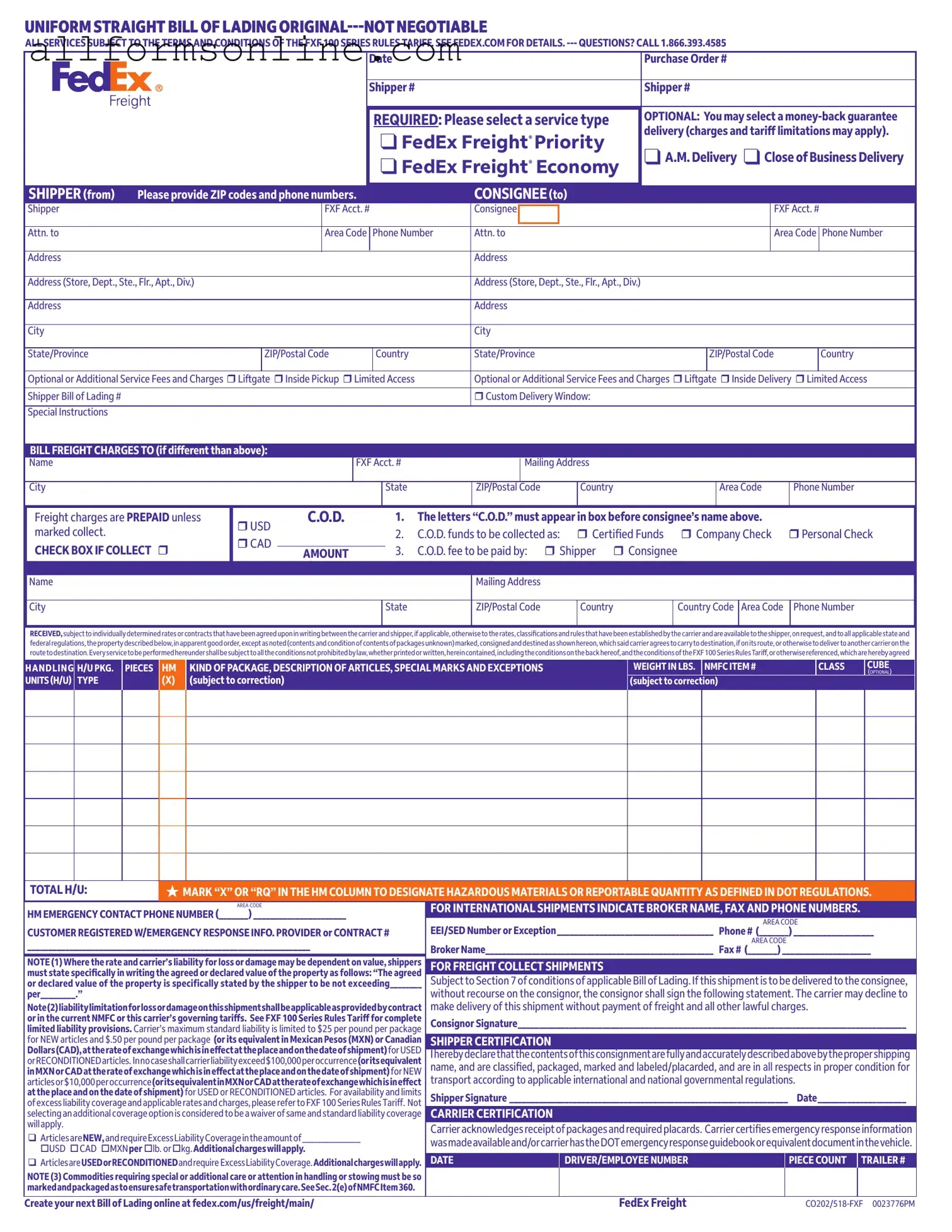 Free Fedex Bill Of Lading PDF Form