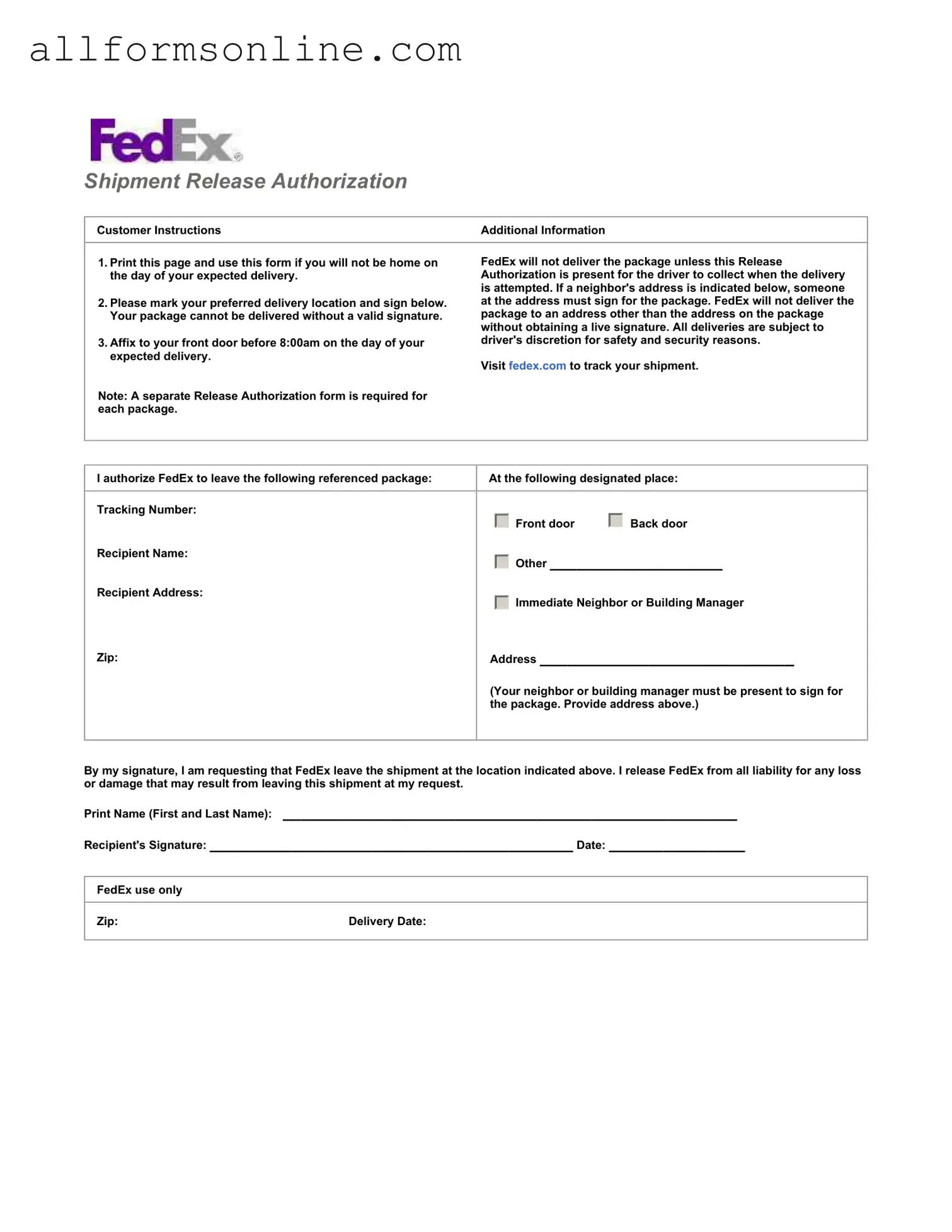 Free Fedex Release PDF Form