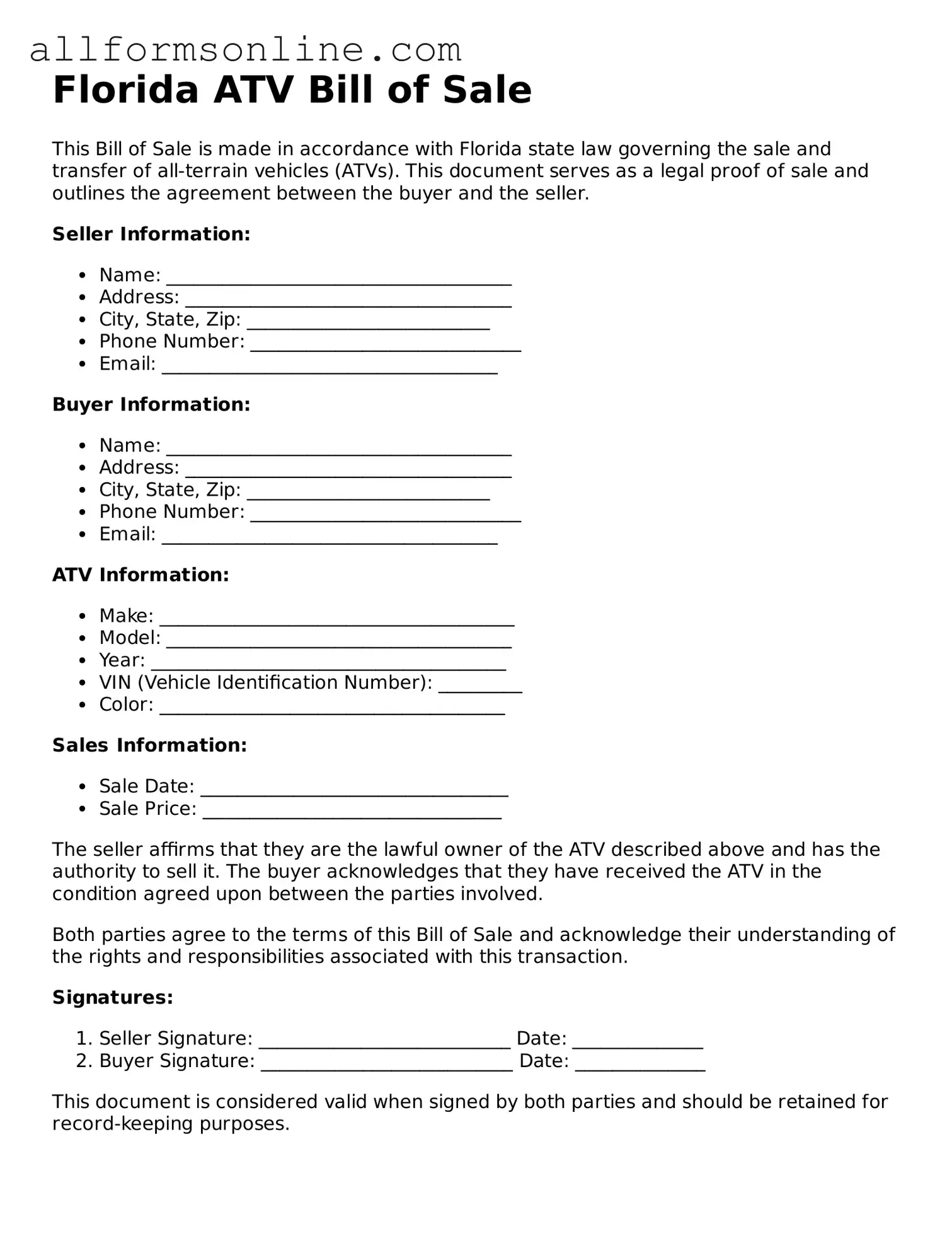Attorney-Approved  ATV Bill of Sale Form for Florida