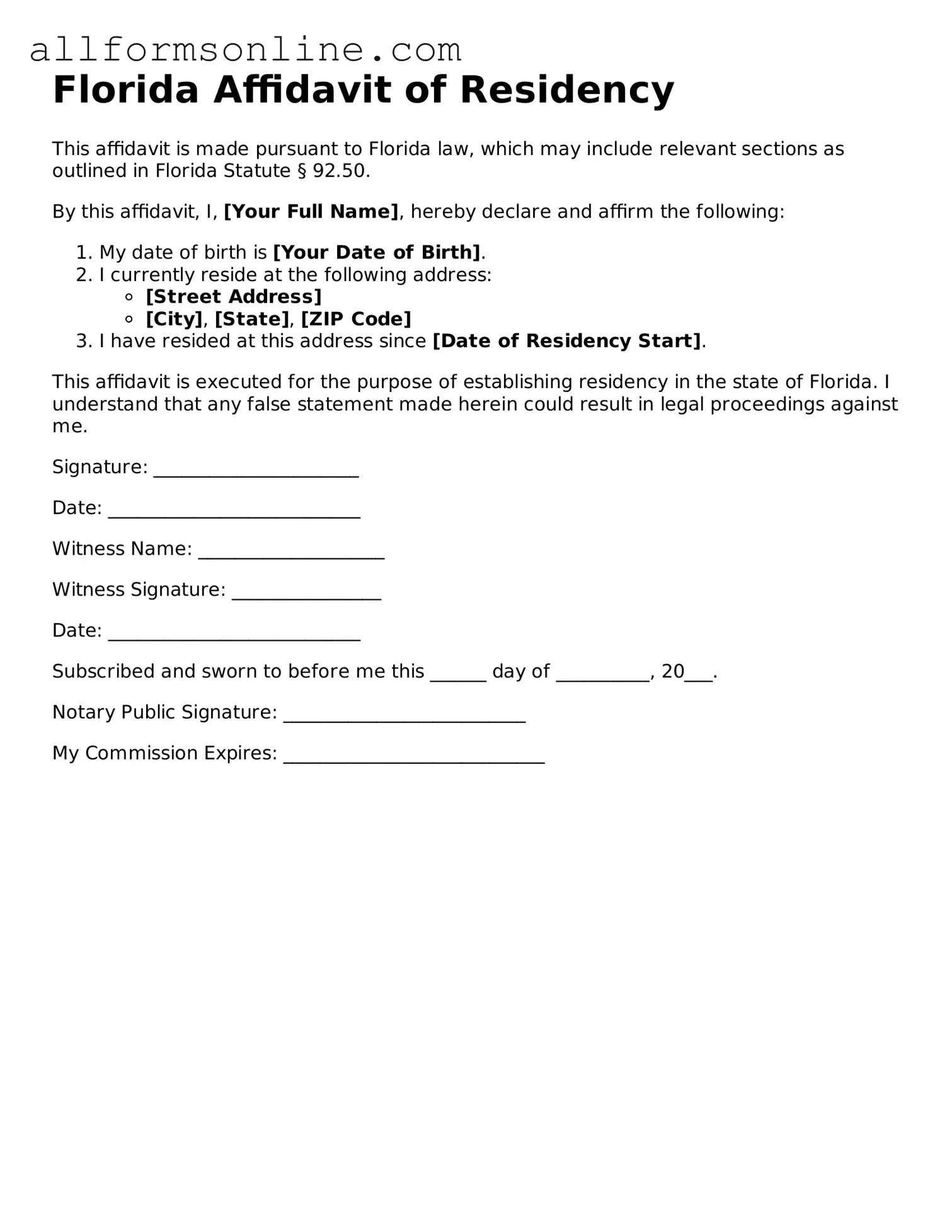 Attorney-Approved  Affidavit of Residency Form for Florida