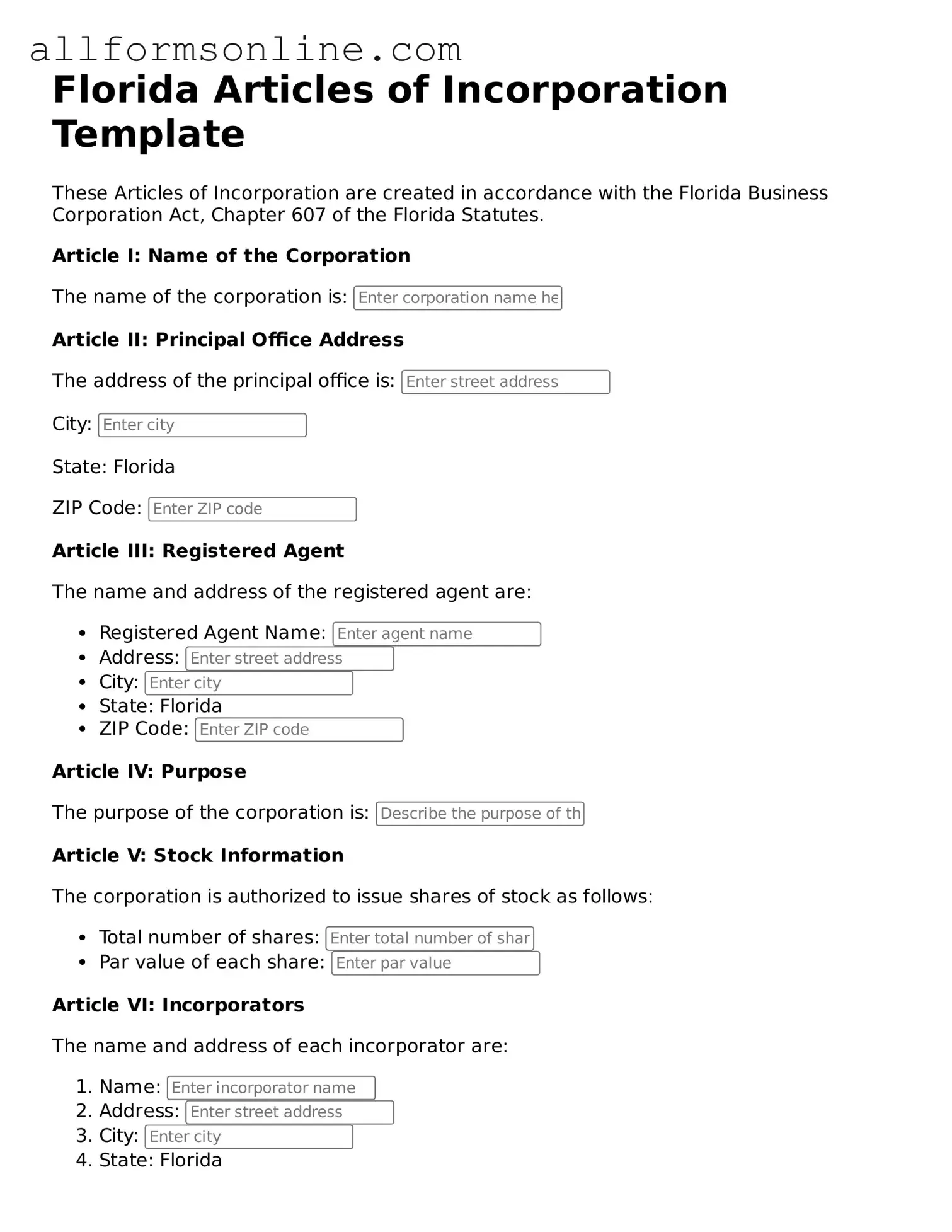 Attorney-Approved  Articles of Incorporation Form for Florida