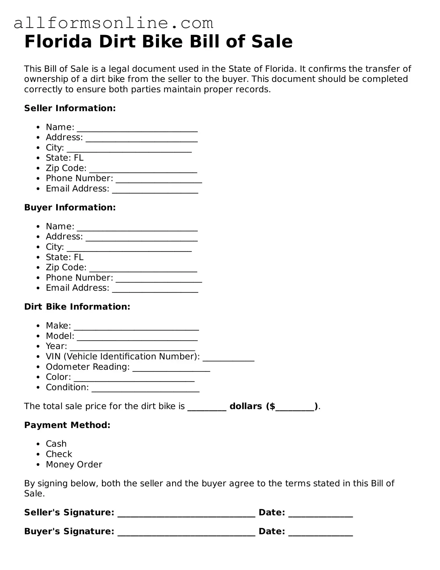 Attorney-Approved  Dirt Bike Bill of Sale Form for Florida