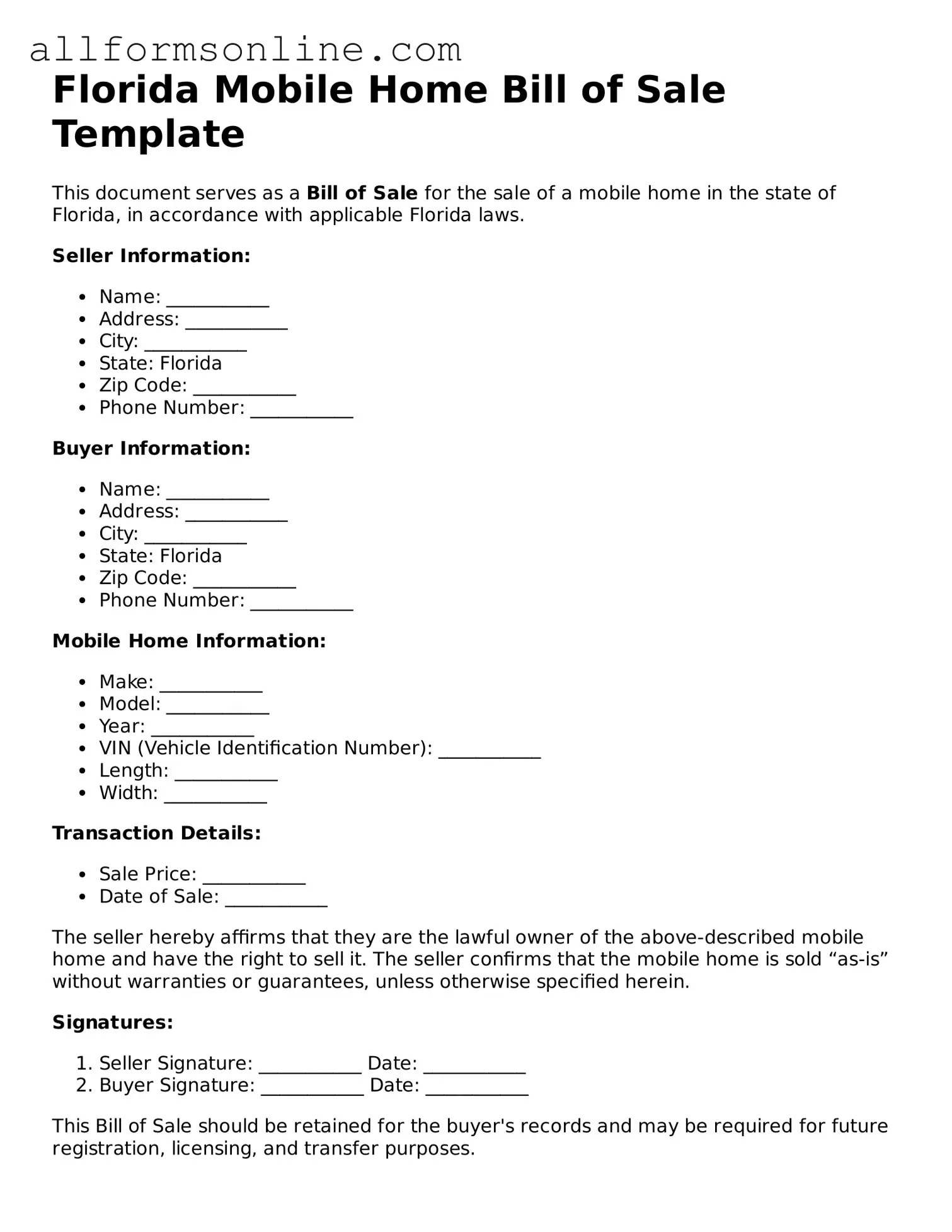 Attorney-Approved  Mobile Home Bill of Sale Form for Florida