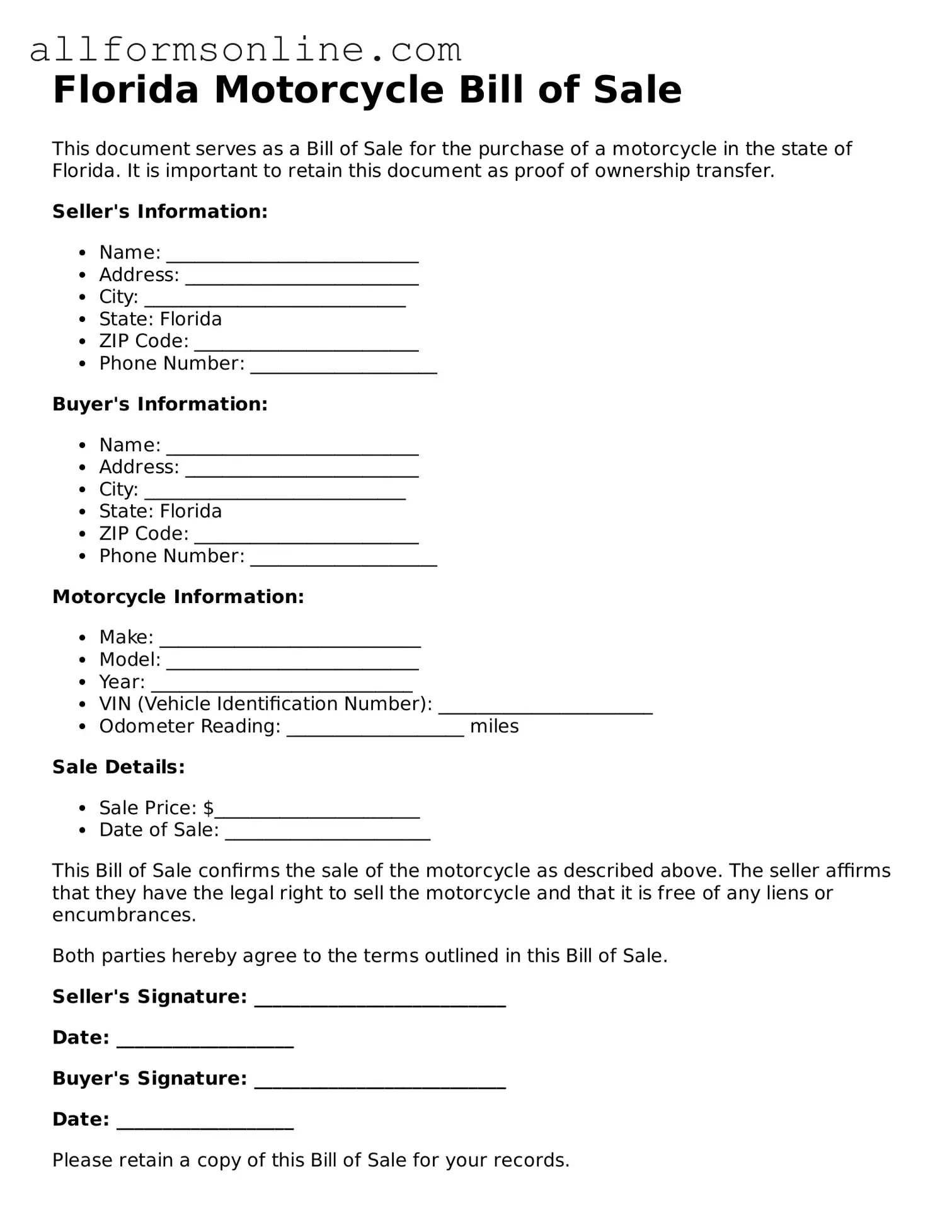 Attorney-Approved  Motorcycle Bill of Sale Form for Florida