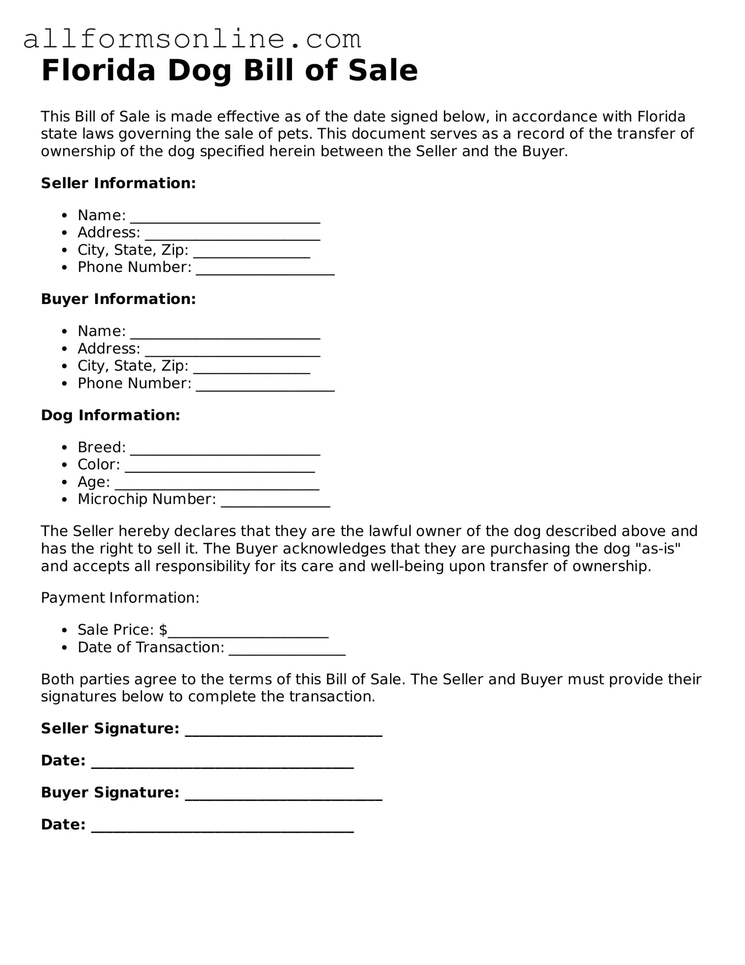 Attorney-Approved  Dog Bill of Sale Form for Florida