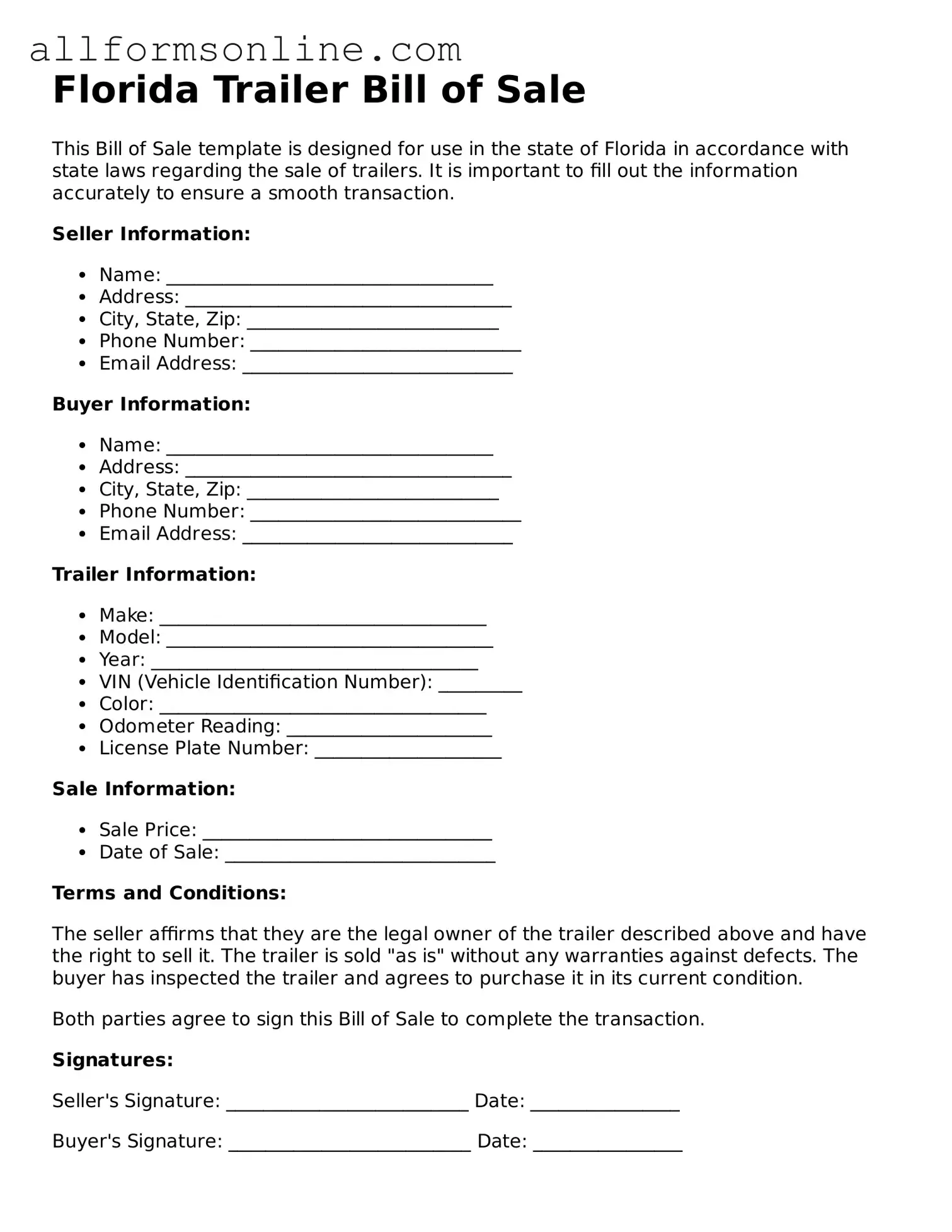 Attorney-Approved  Trailer Bill of Sale Form for Florida