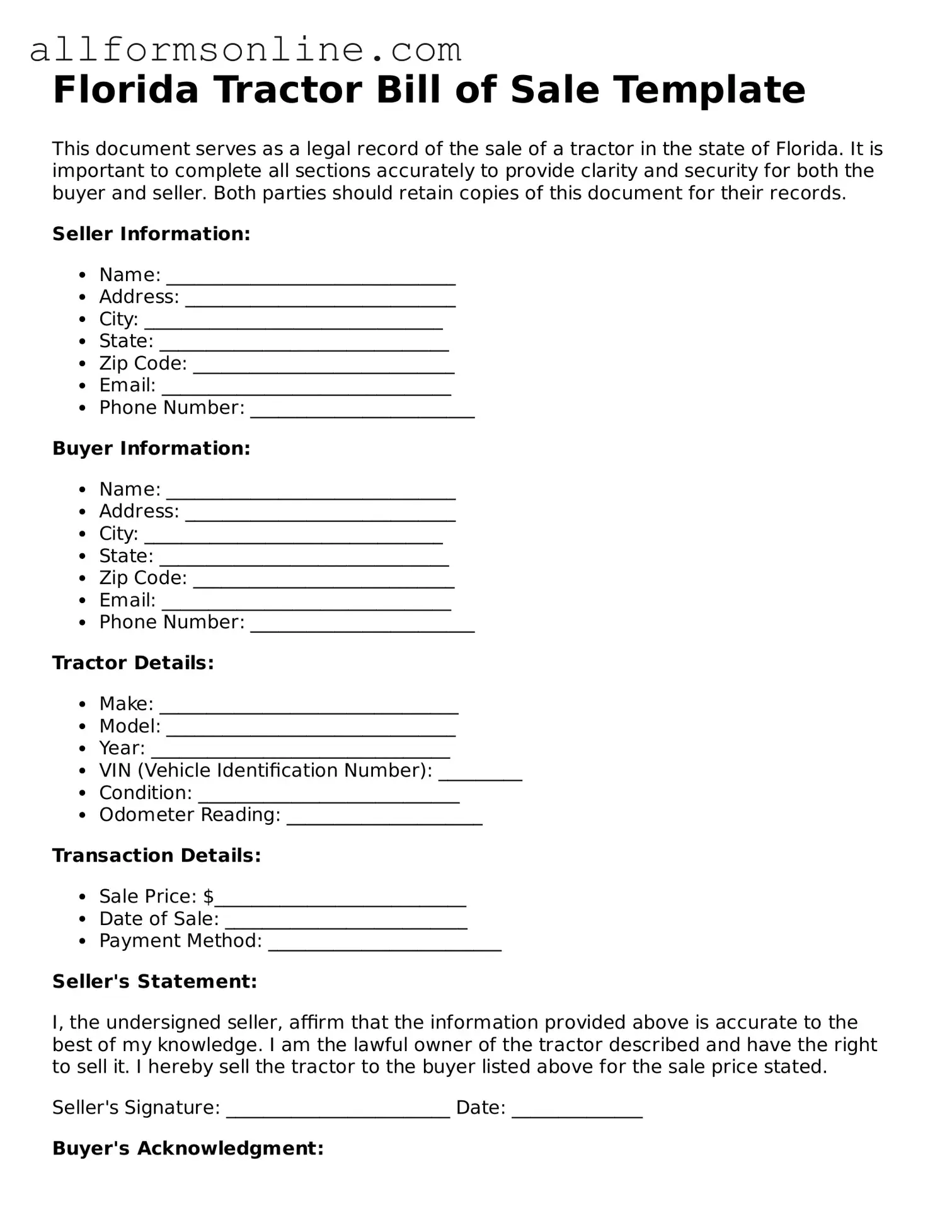 Attorney-Approved  Tractor Bill of Sale Form for Florida
