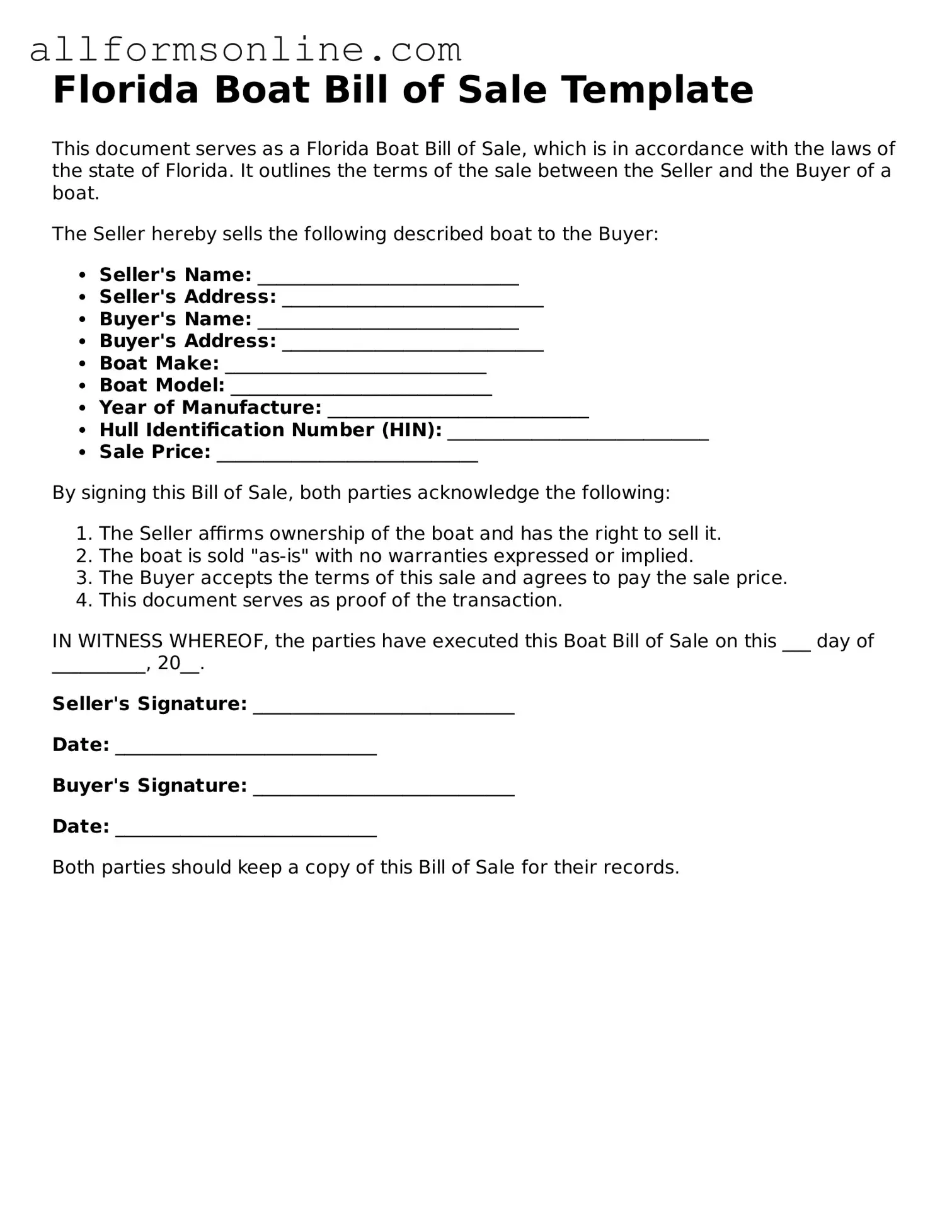 Attorney-Approved  Boat Bill of Sale Form for Florida
