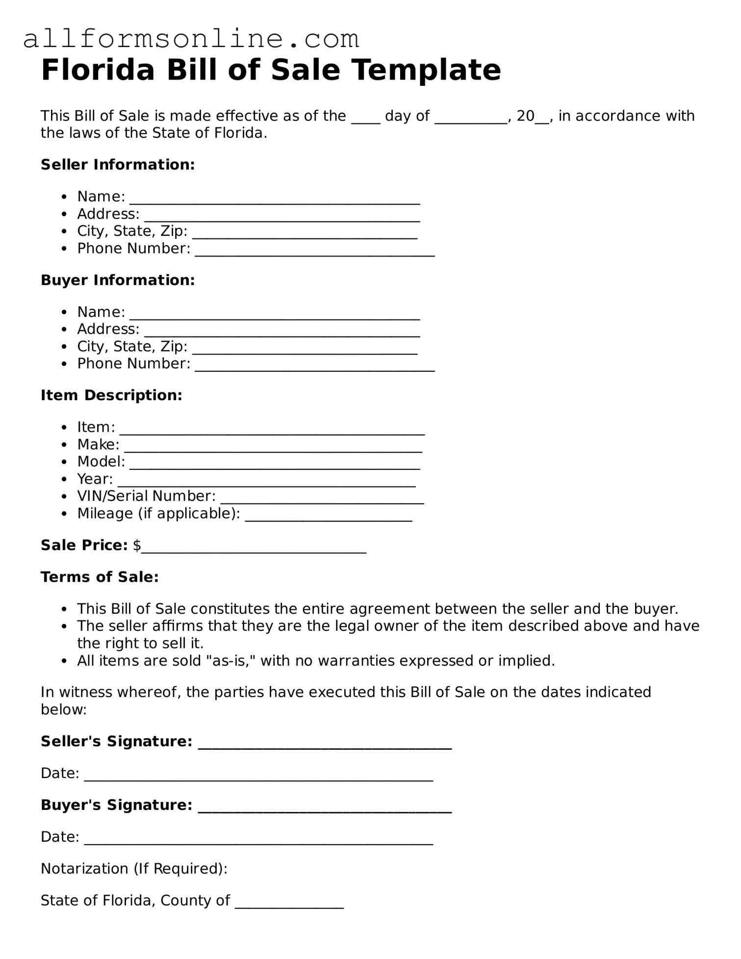 Attorney-Approved  Bill of Sale Form for Florida