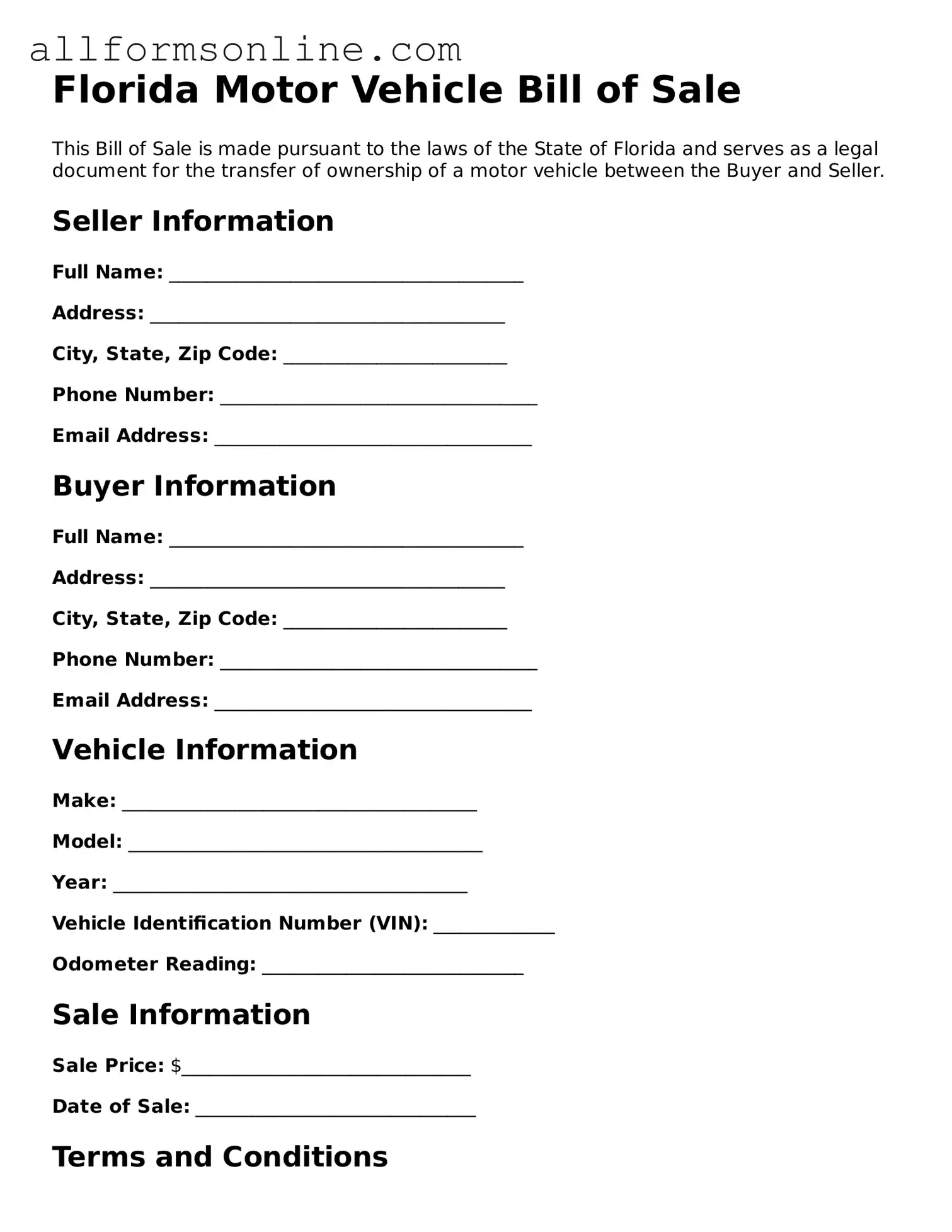 Attorney-Approved  Motor Vehicle Bill of Sale Form for Florida