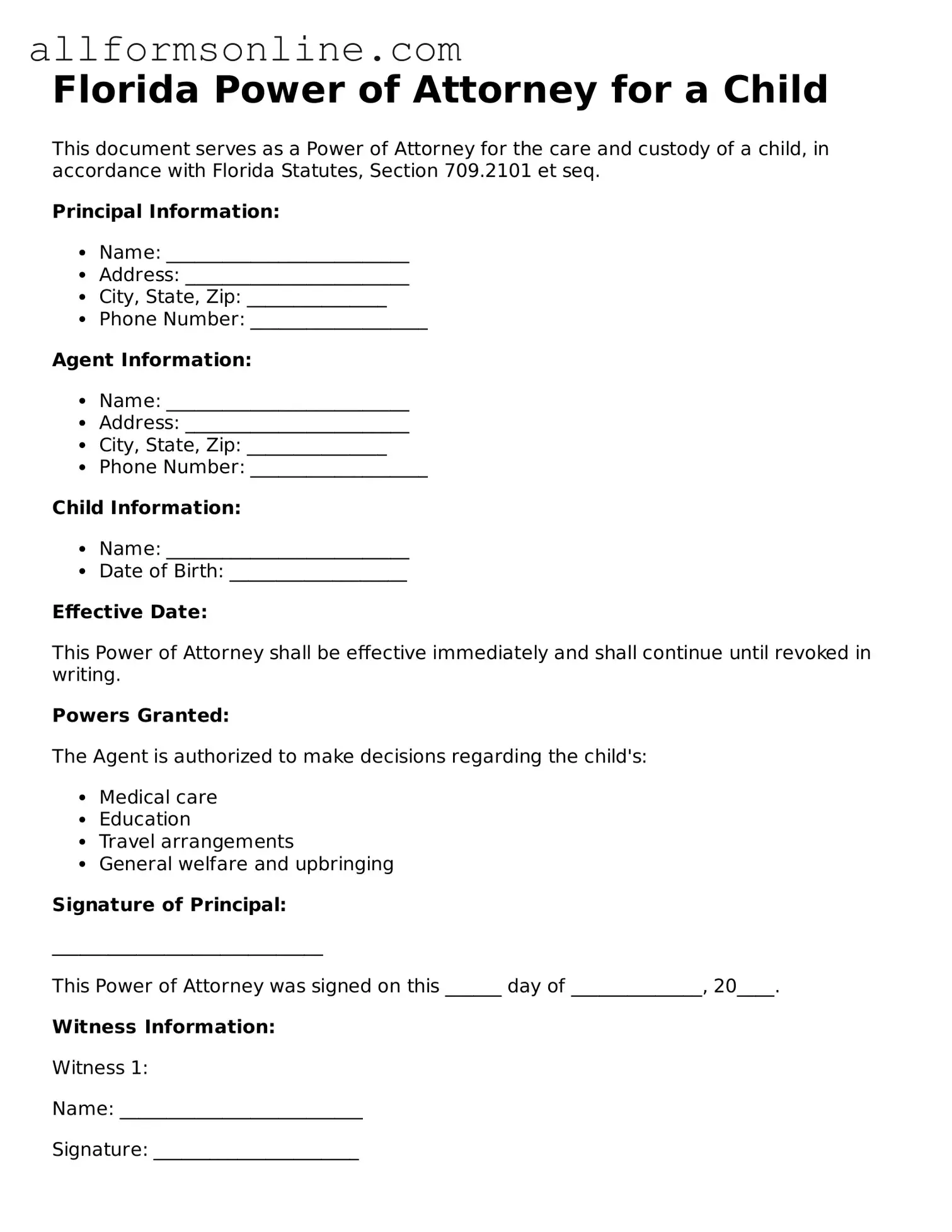 Attorney-Approved  Power of Attorney for a Child Form for Florida