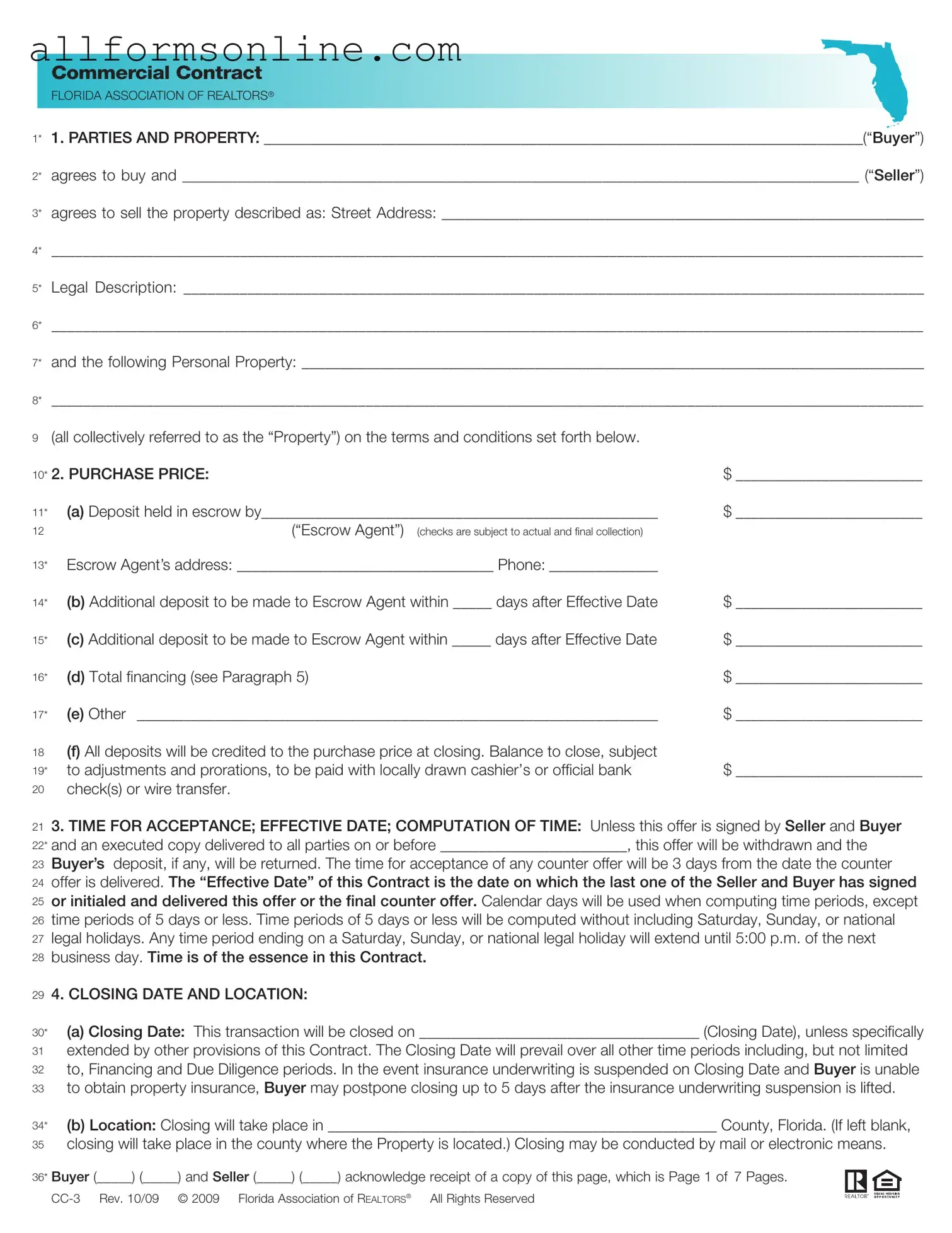 Free Florida Commercial Contract PDF Form