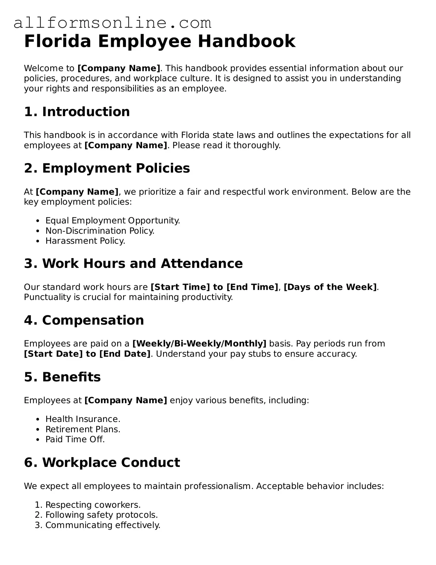 Attorney-Approved  Employee Handbook Form for Florida