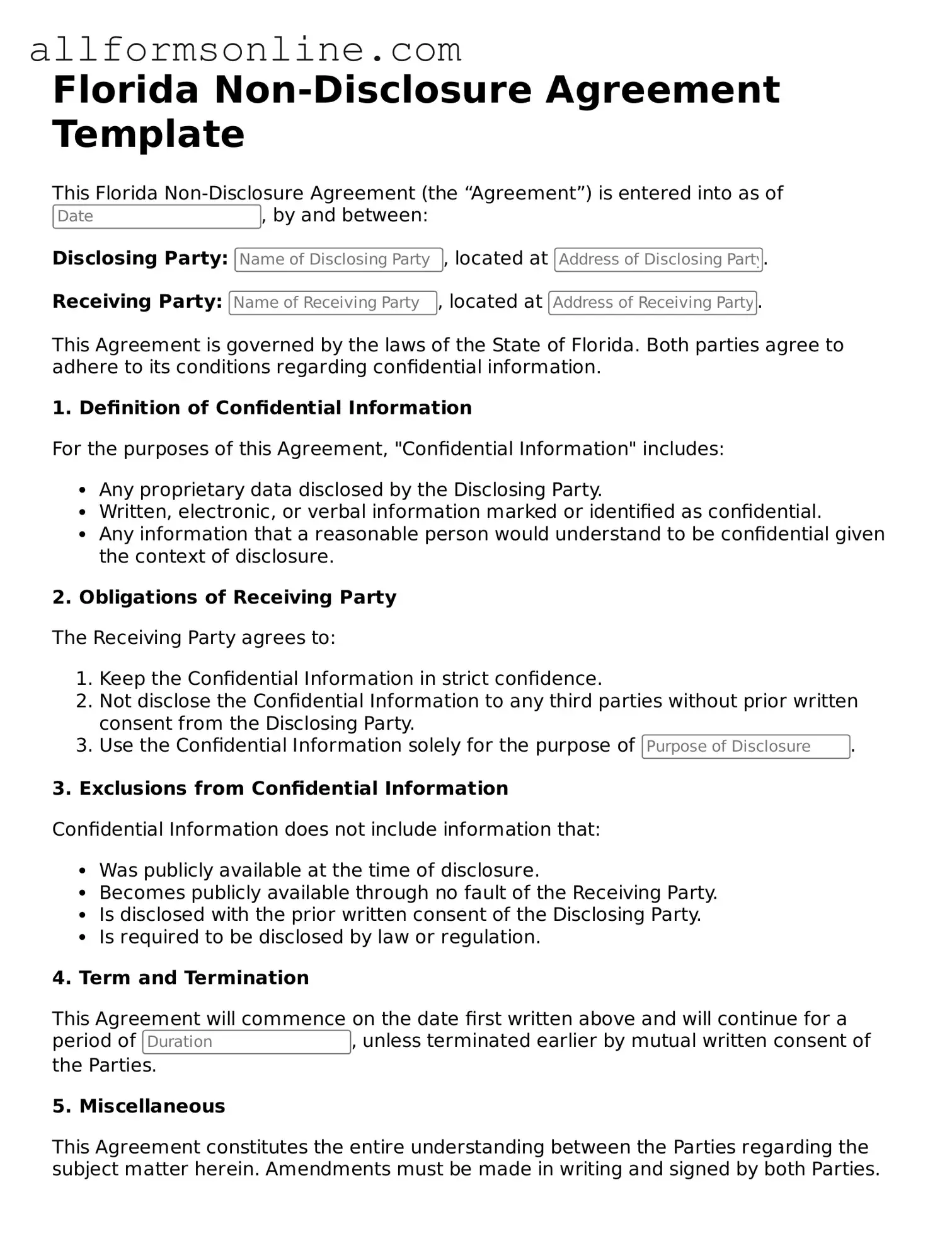 Attorney-Approved  Non-disclosure Agreement Form for Florida