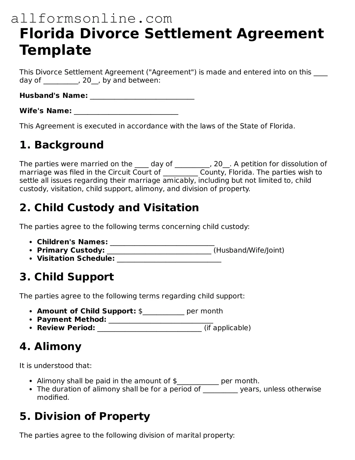 Attorney-Approved  Divorce Settlement Agreement Form for Florida