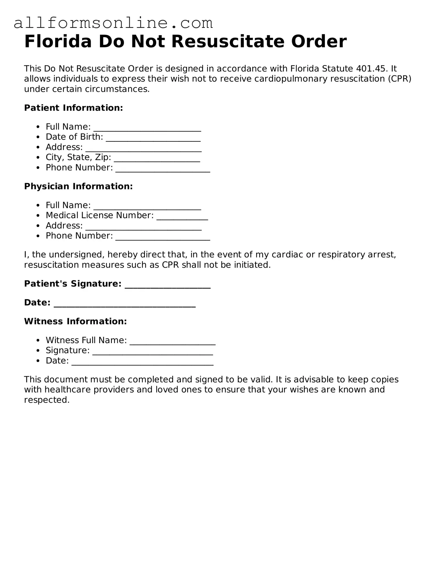 Attorney-Approved  Do Not Resuscitate Order Form for Florida