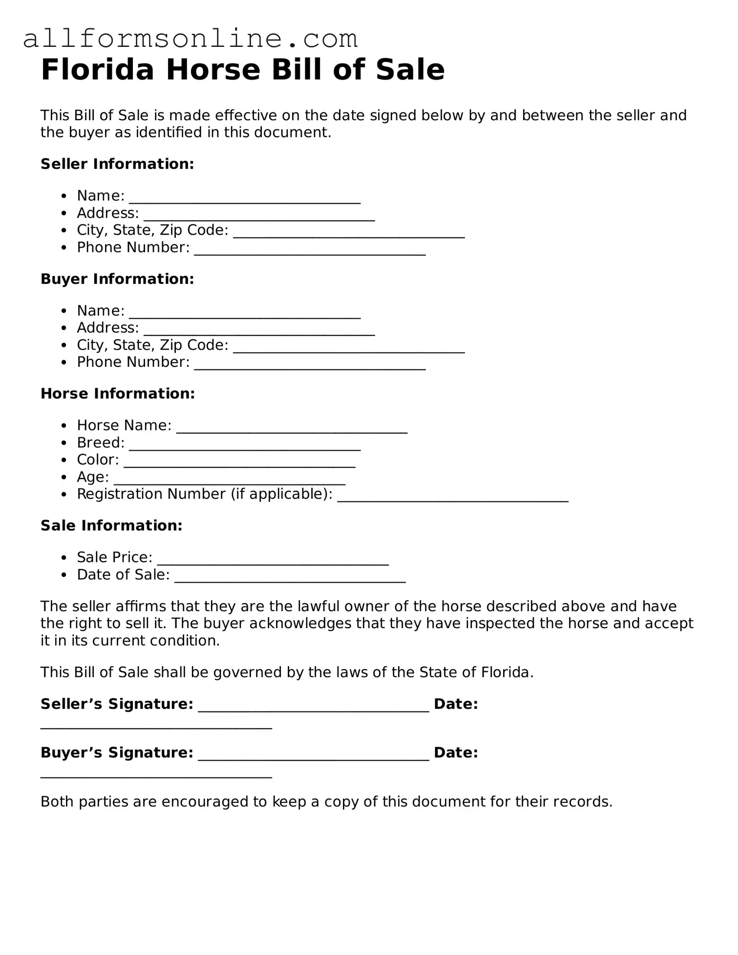 Attorney-Approved  Horse Bill of Sale Form for Florida