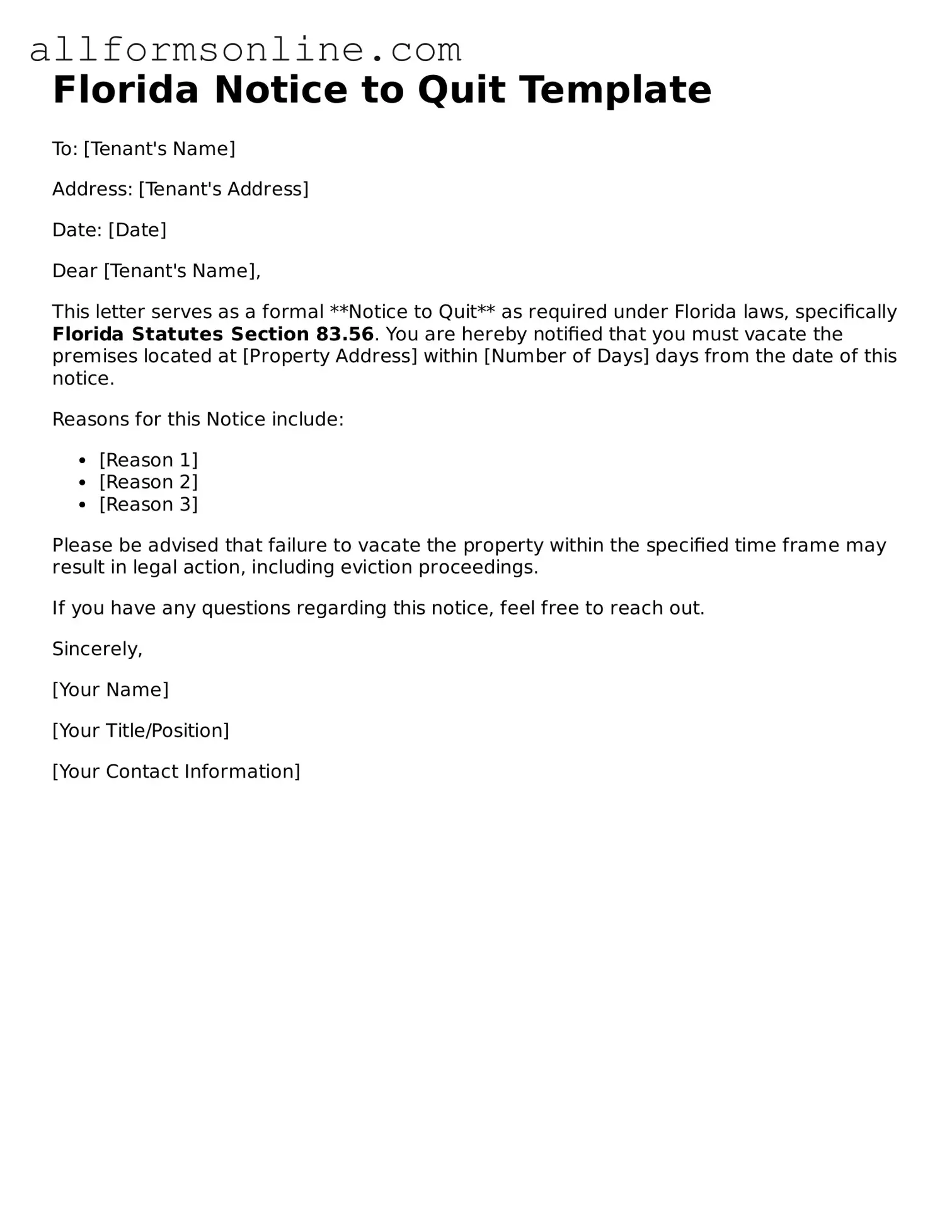 Attorney-Approved  Notice to Quit Form for Florida