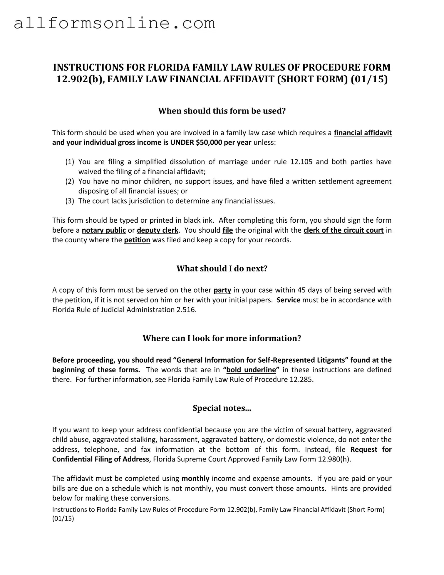 Free Florida Financial Affidavit Short 12.902(b) PDF Form