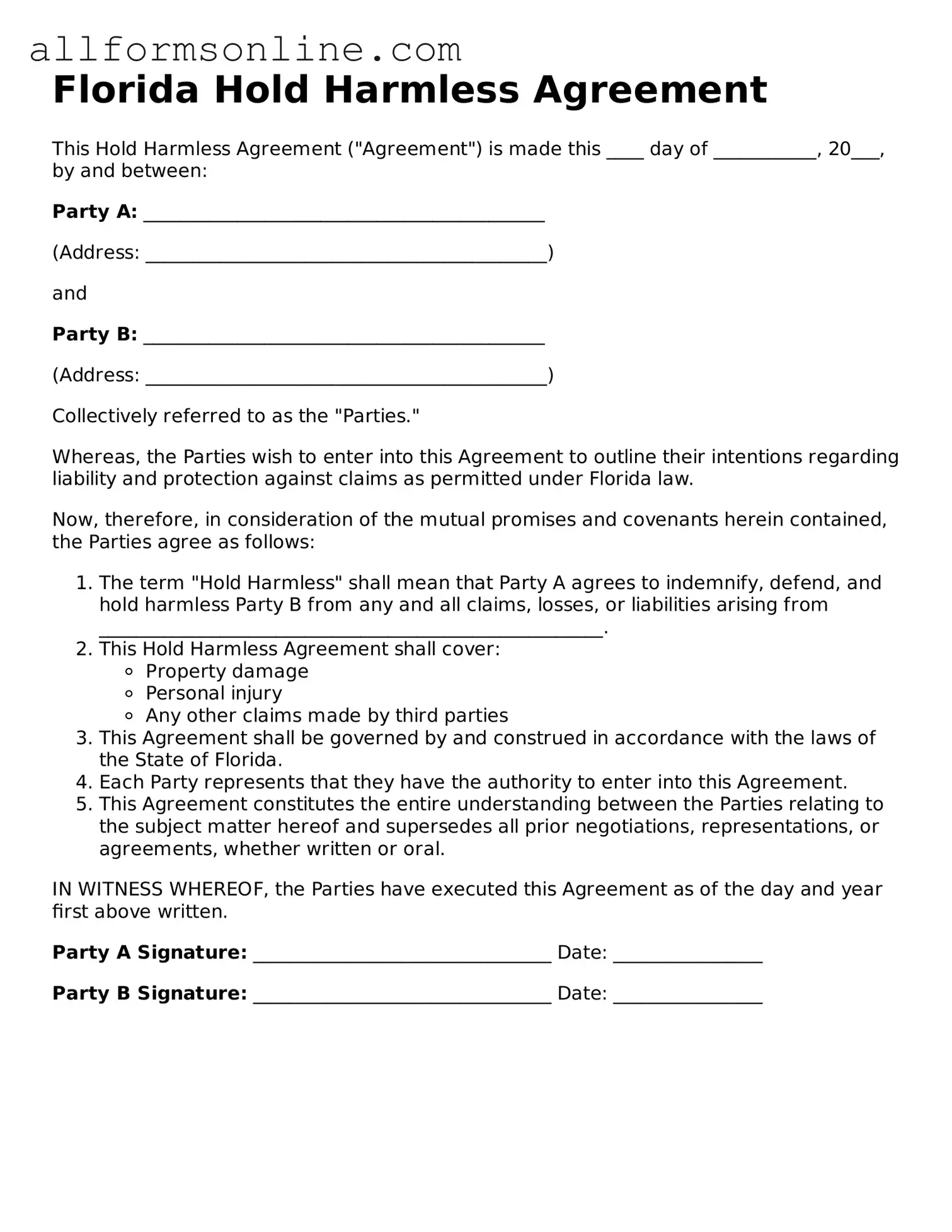 Attorney-Approved  Hold Harmless Agreement Form for Florida