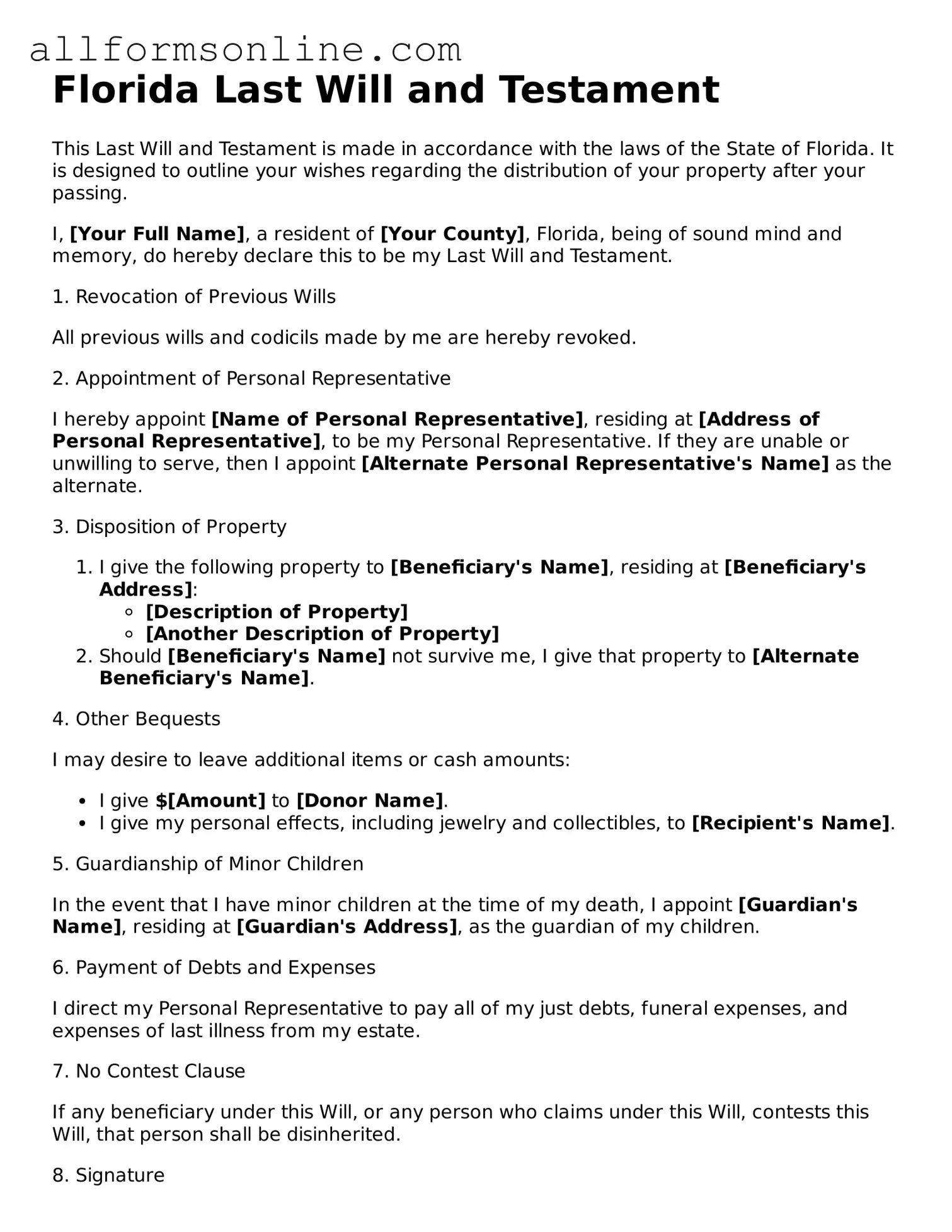 Attorney-Approved  Last Will and Testament Form for Florida