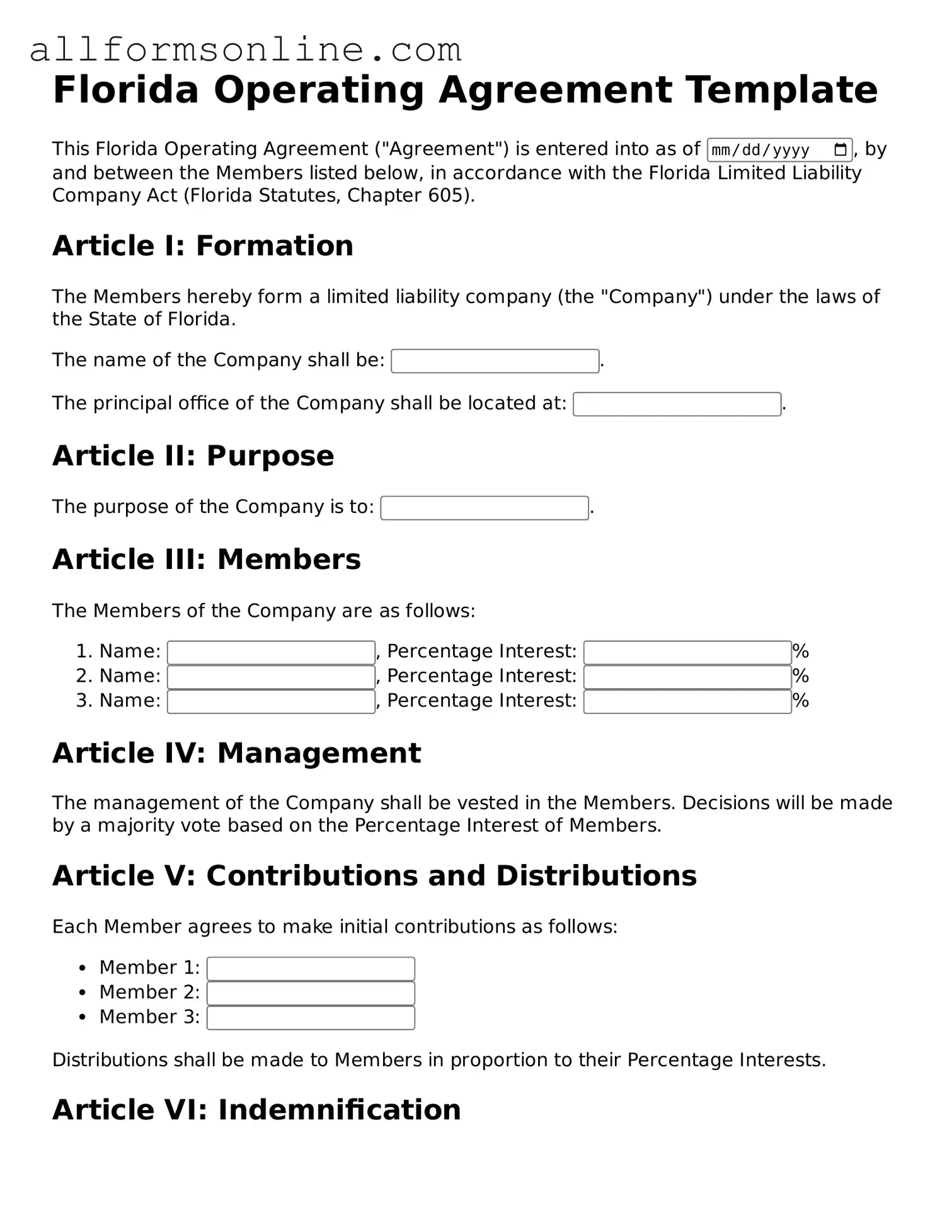 Attorney-Approved  Operating Agreement Form for Florida