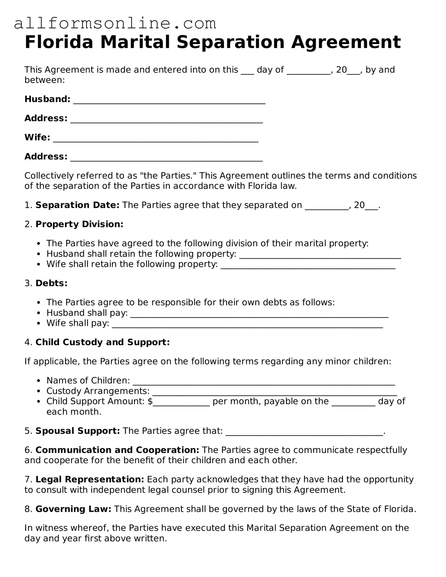 Attorney-Approved  Marital Separation Agreement Form for Florida
