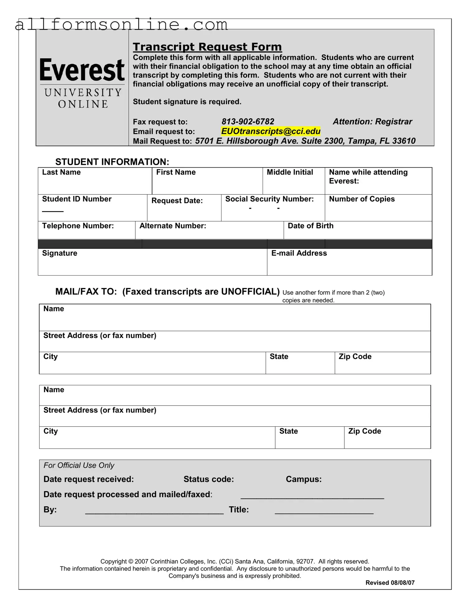 Free Everest University Transcript PDF Form