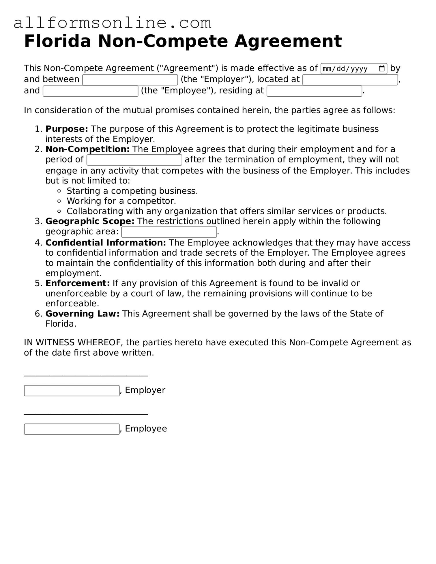 Attorney-Approved  Non-compete Agreement Form for Florida