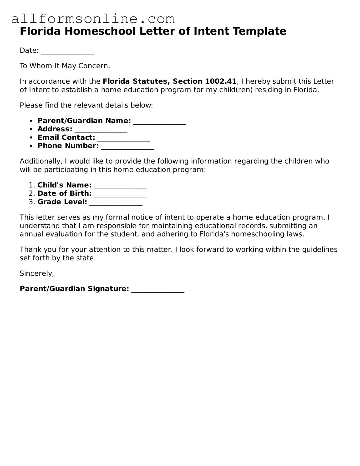 Attorney-Approved  Homeschool Letter of Intent Form for Florida