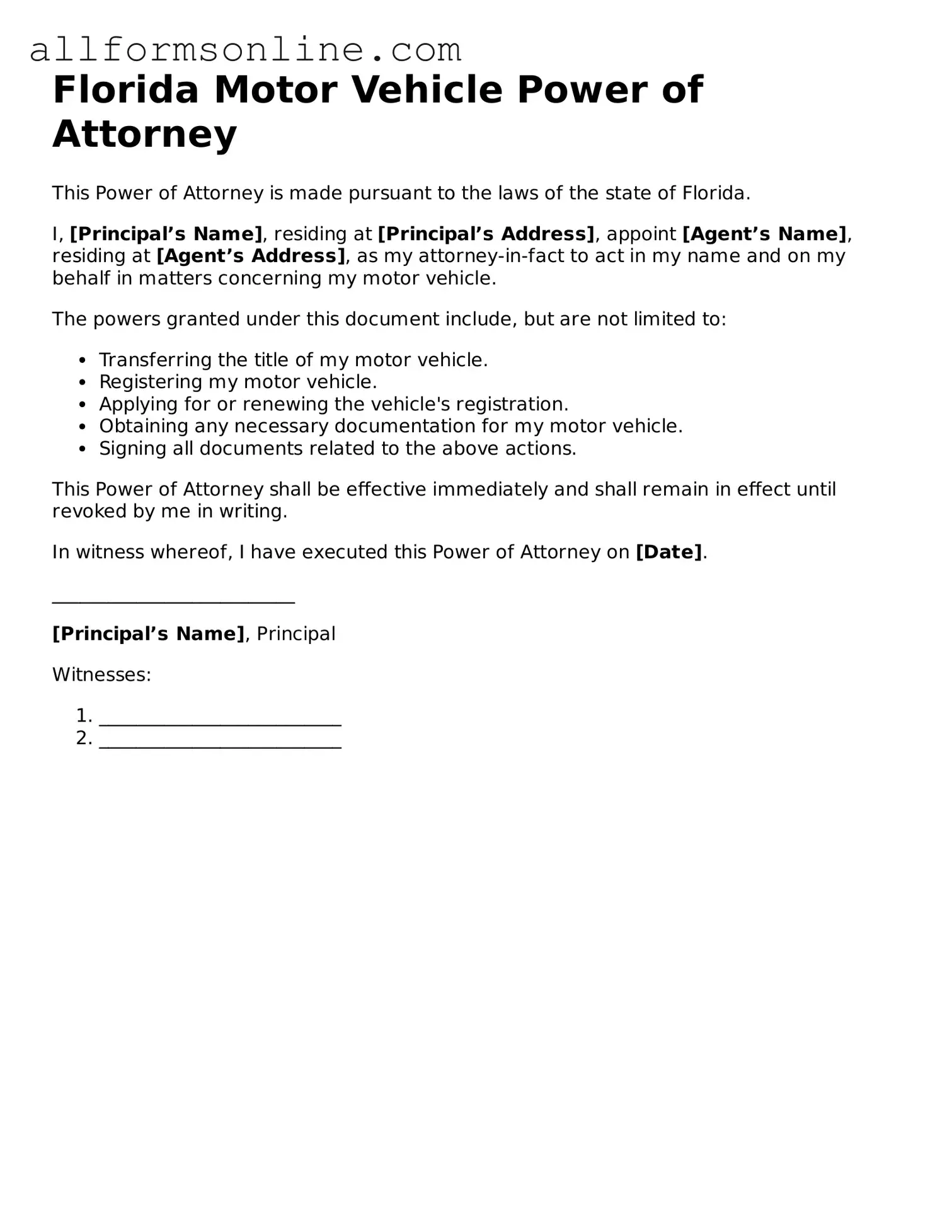 Attorney-Approved  Motor Vehicle Power of Attorney Form for Florida