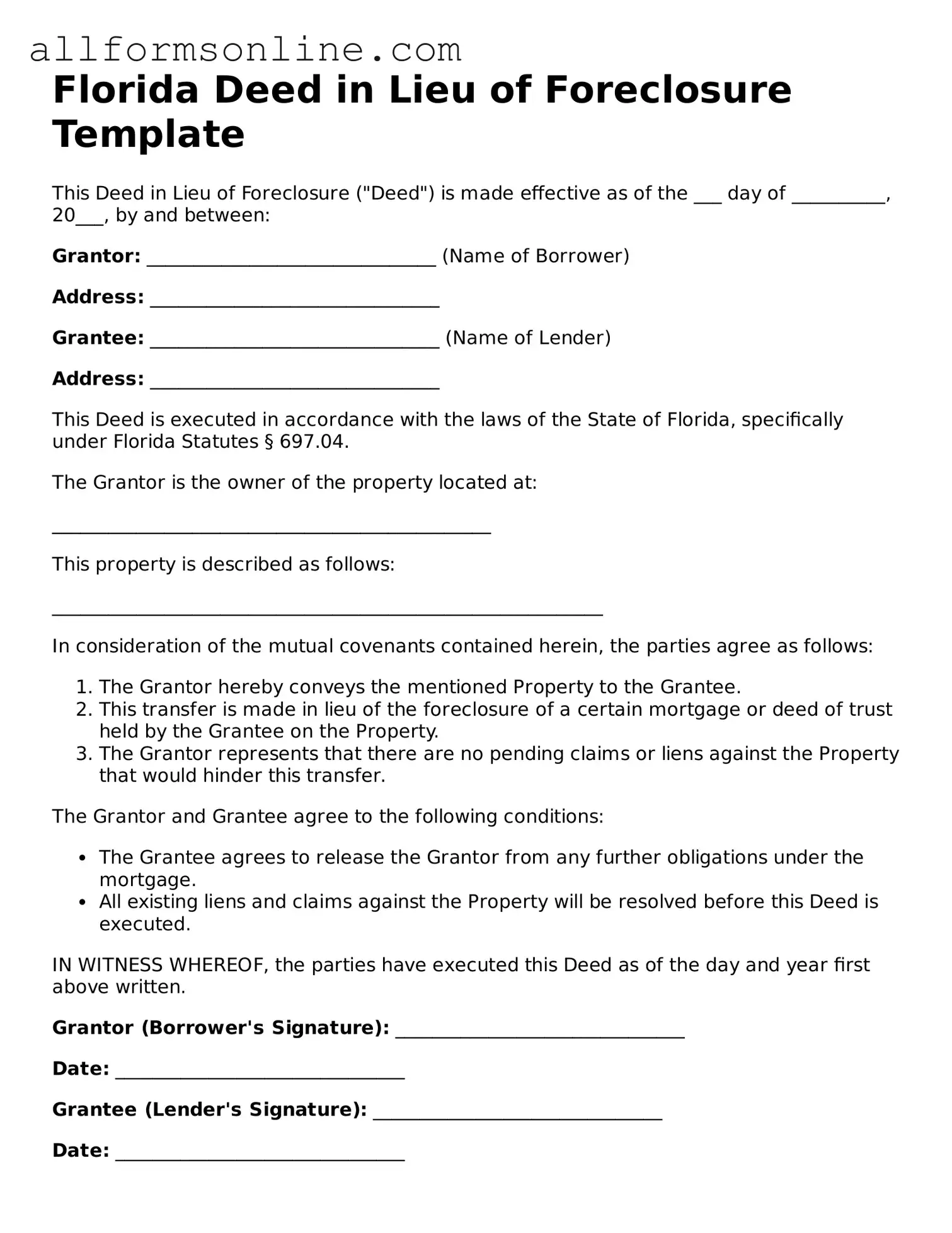 Attorney-Approved  Deed in Lieu of Foreclosure Form for Florida