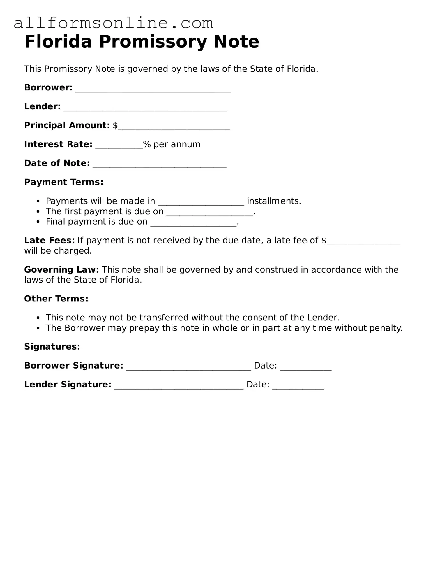 Attorney-Approved  Promissory Note Form for Florida
