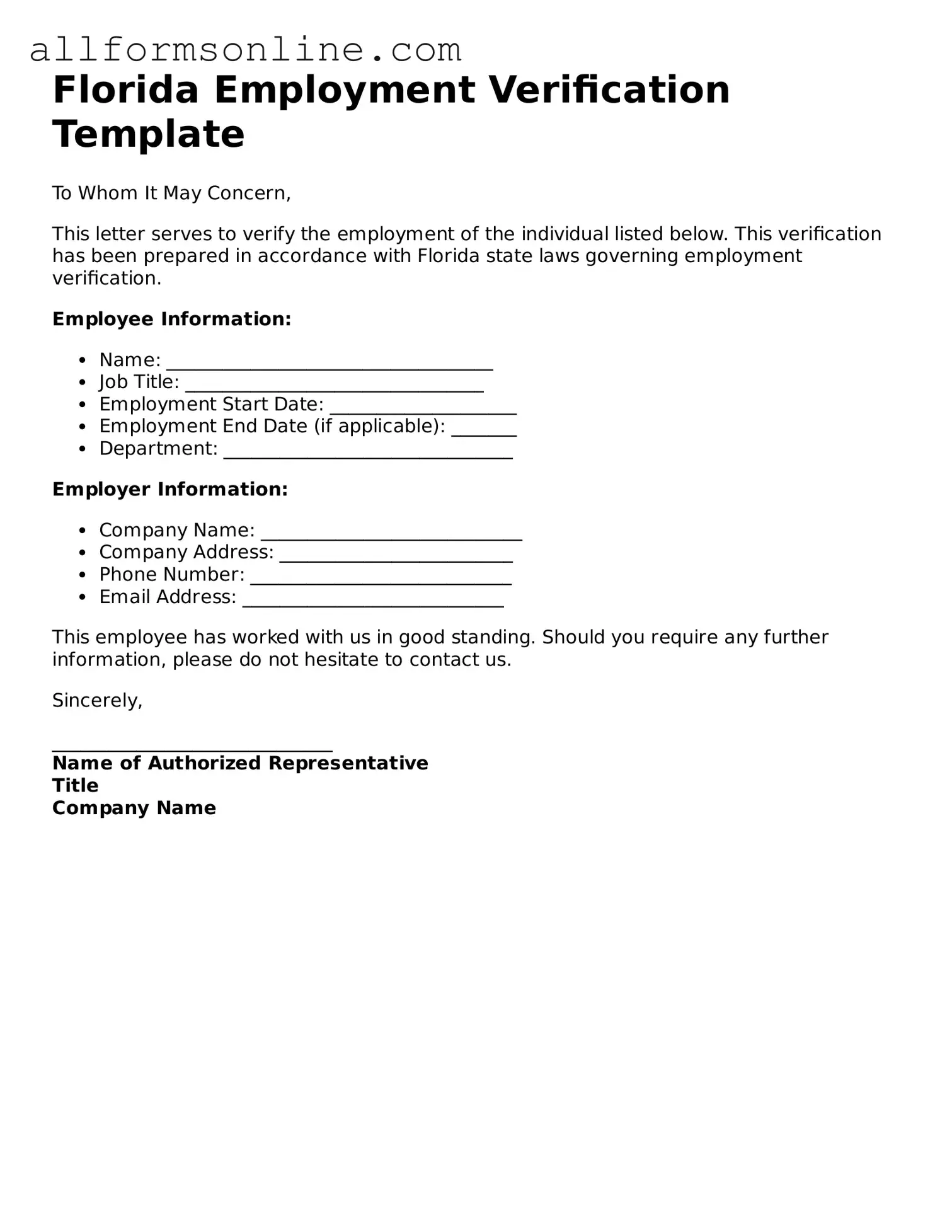 Attorney-Approved  Employment Verification Form for Florida