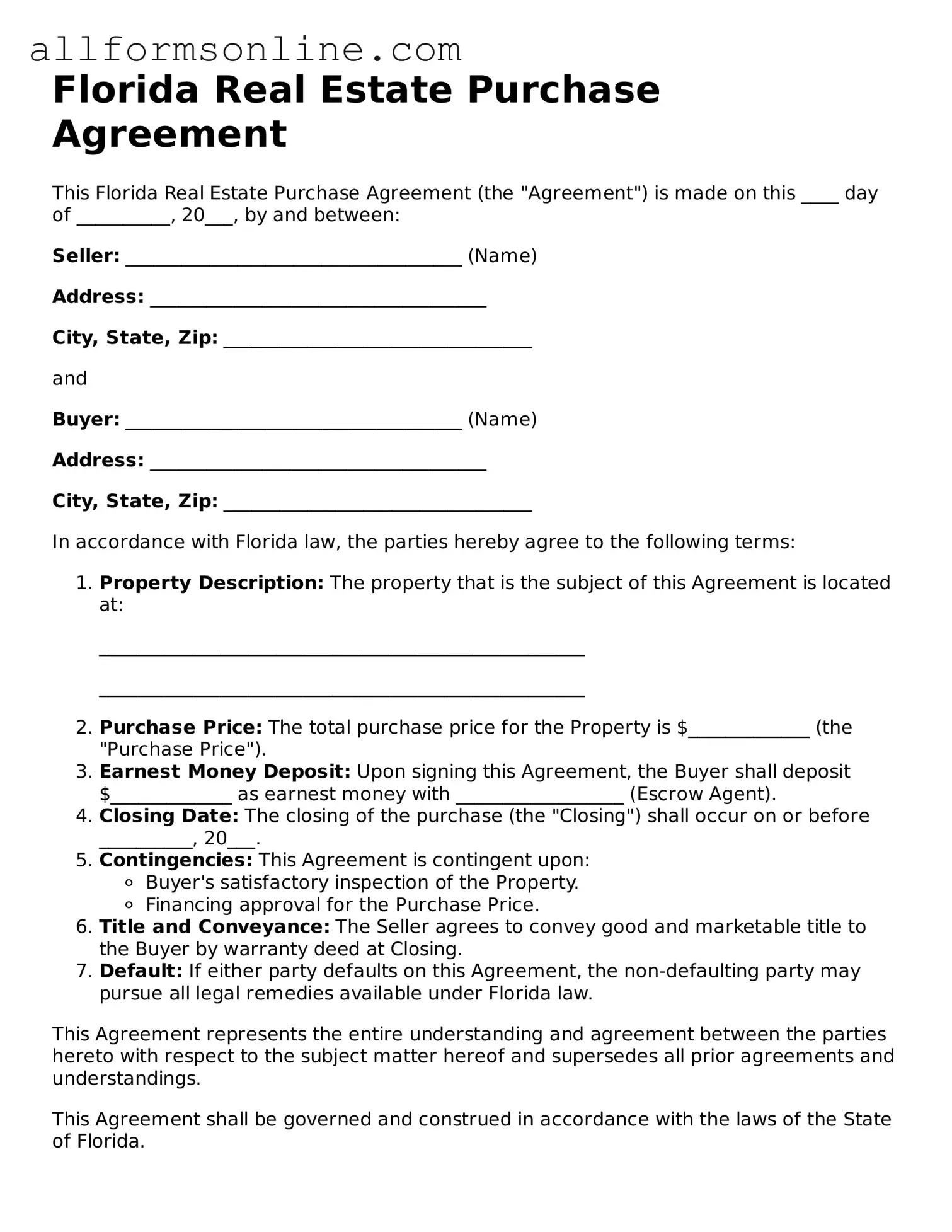 Attorney-Approved  Real Estate Purchase Agreement Form for Florida