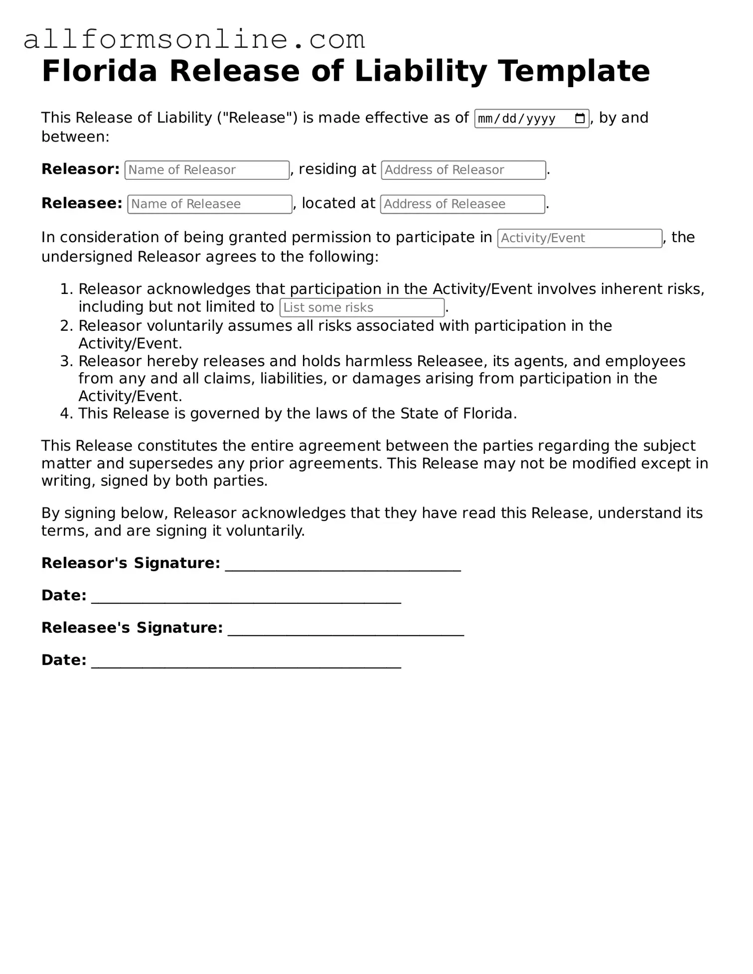 Attorney-Approved  Release of Liability Form for Florida