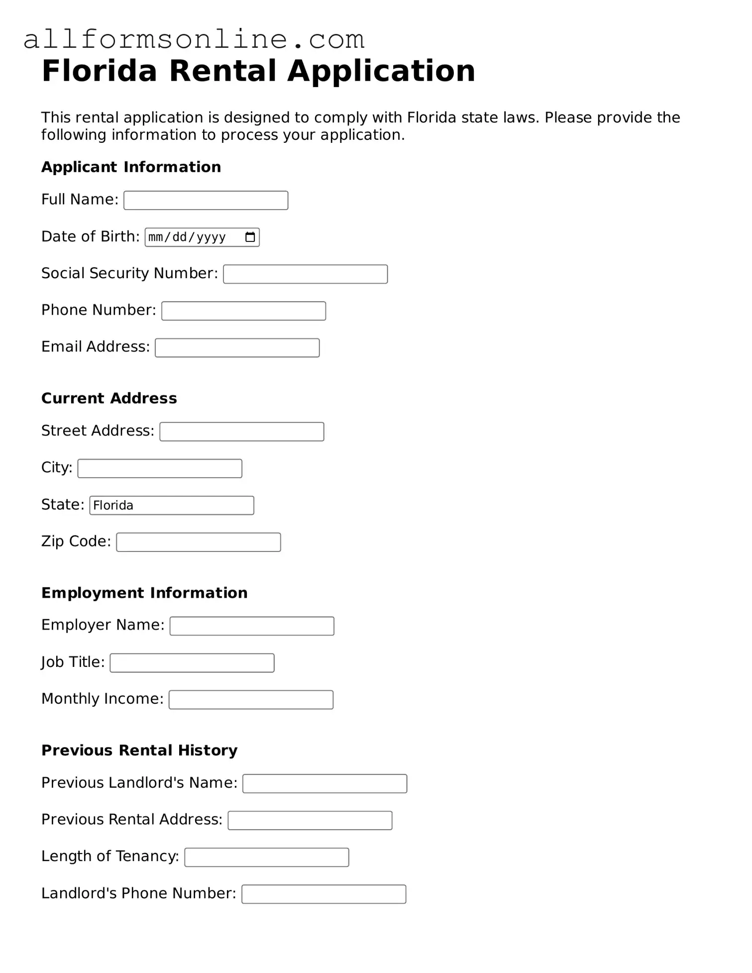 Attorney-Approved  Rental Application Form for Florida