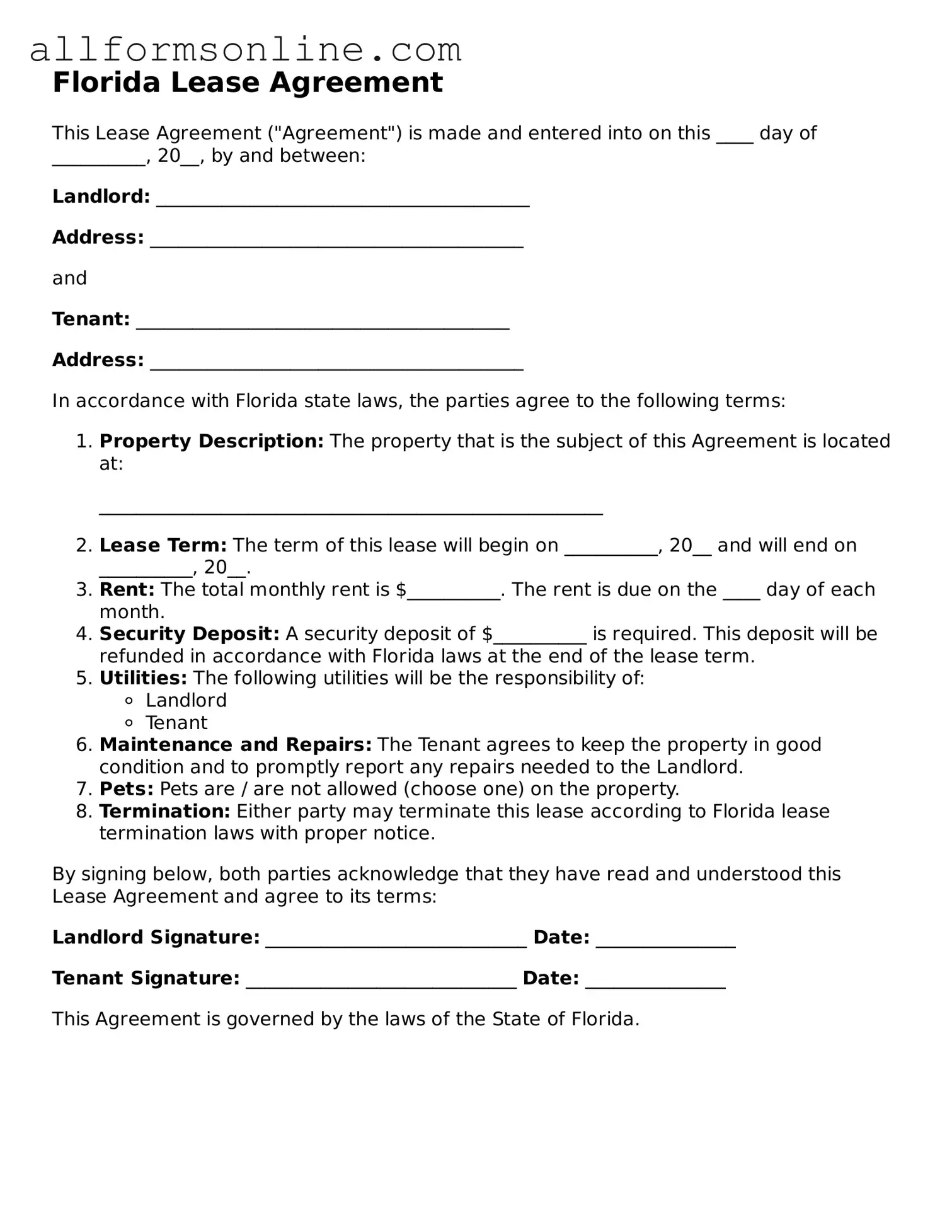 Attorney-Approved  Lease Agreement Form for Florida