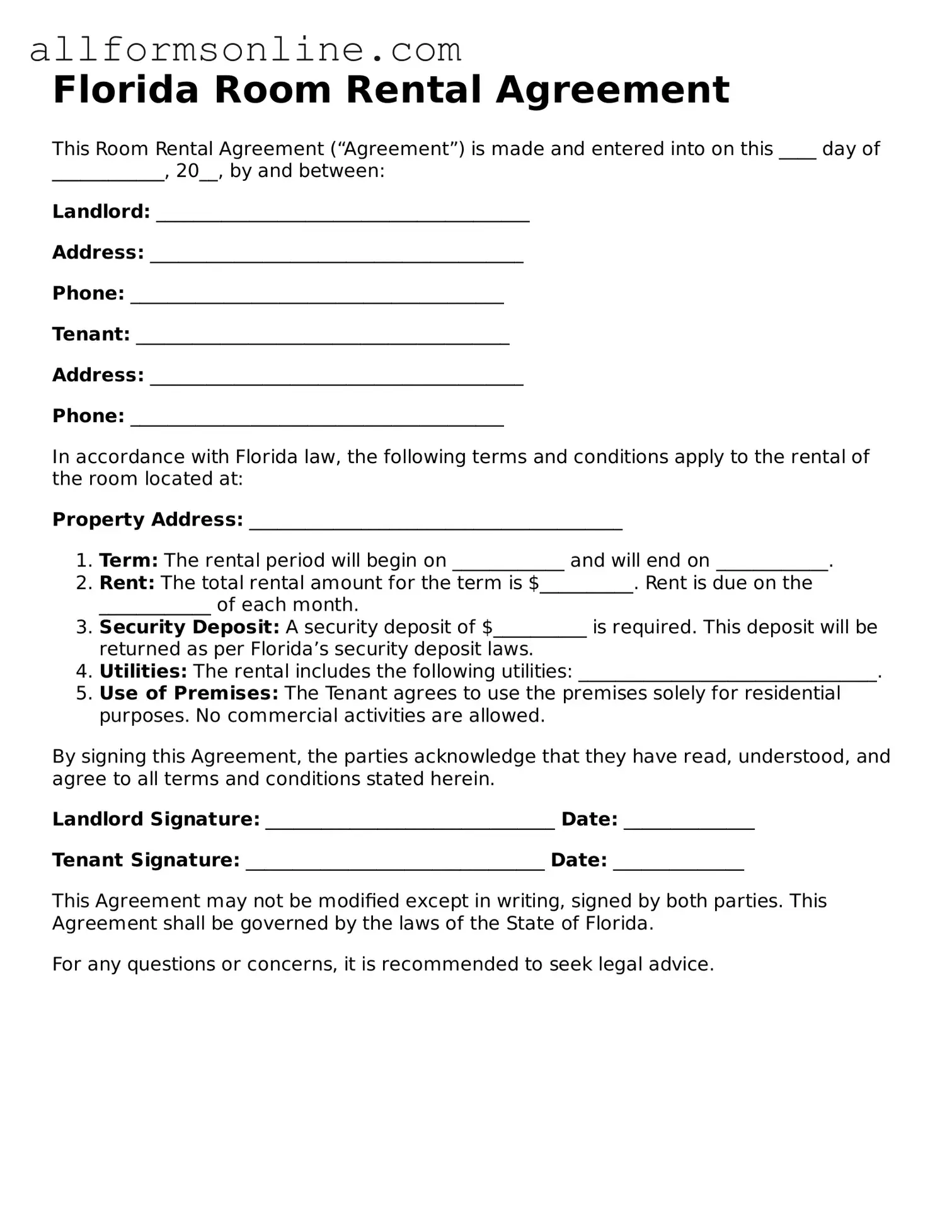 Attorney-Approved  Room Rental Agreement Form for Florida