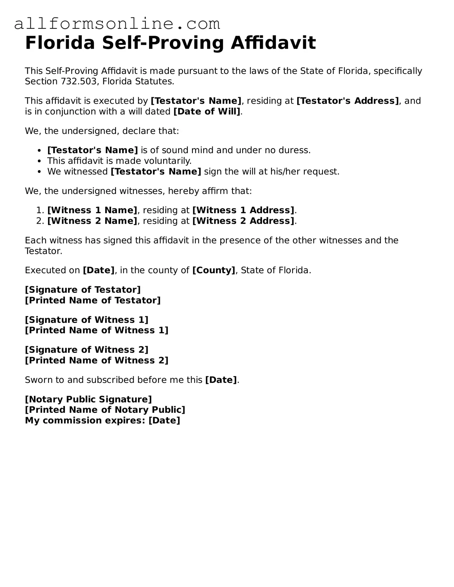 Attorney-Approved  Self-Proving Affidavit Form for Florida