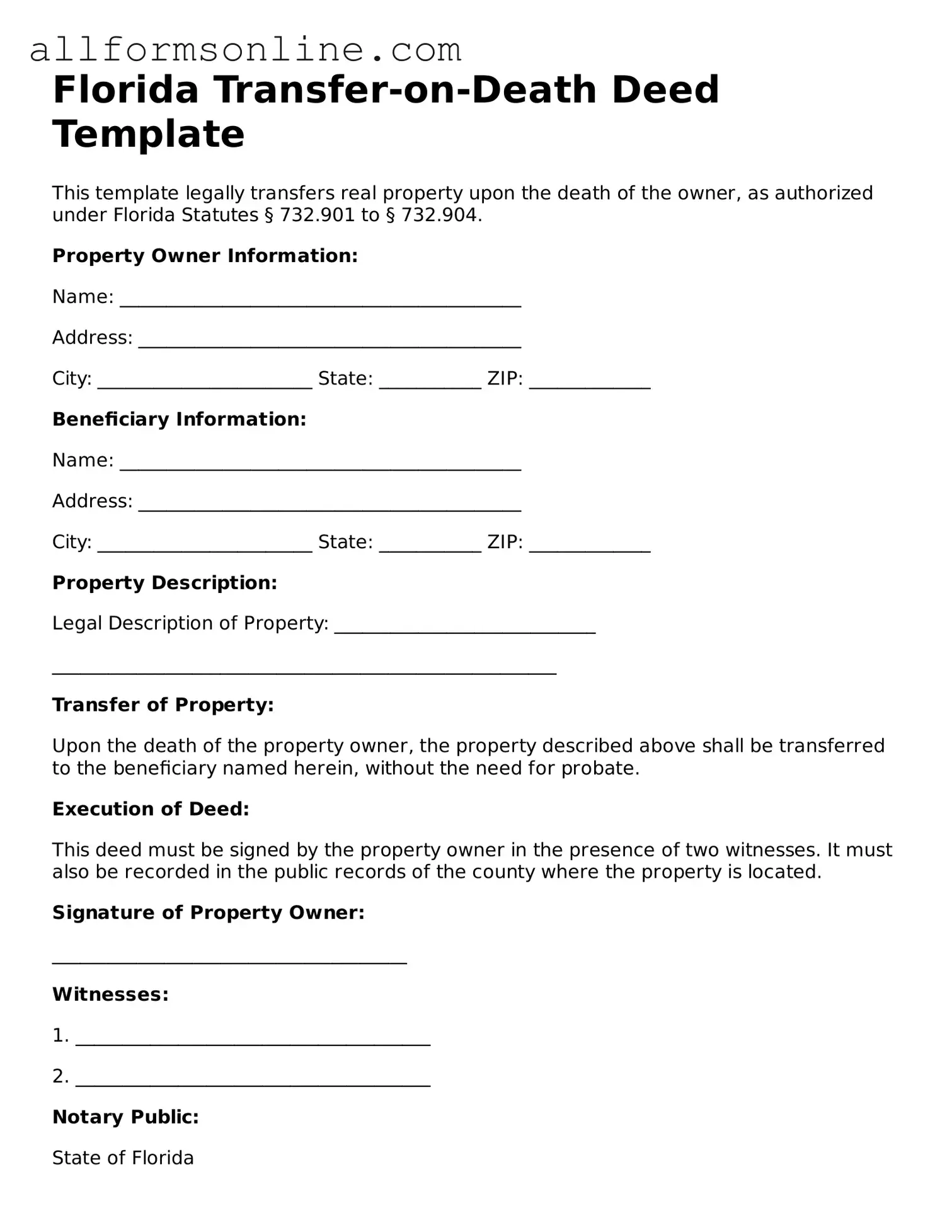 Attorney-Approved  Transfer-on-Death Deed Form for Florida