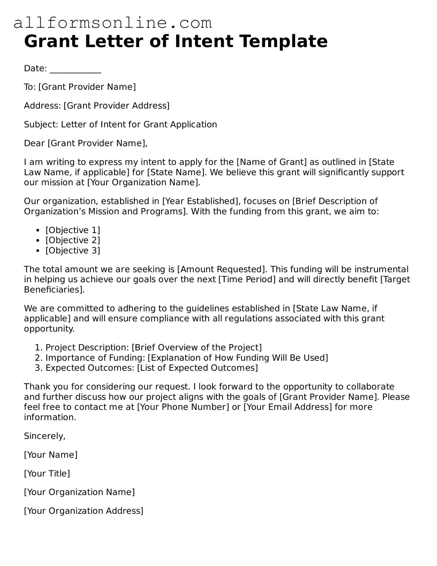 Blank Grant Letter of Intent Form