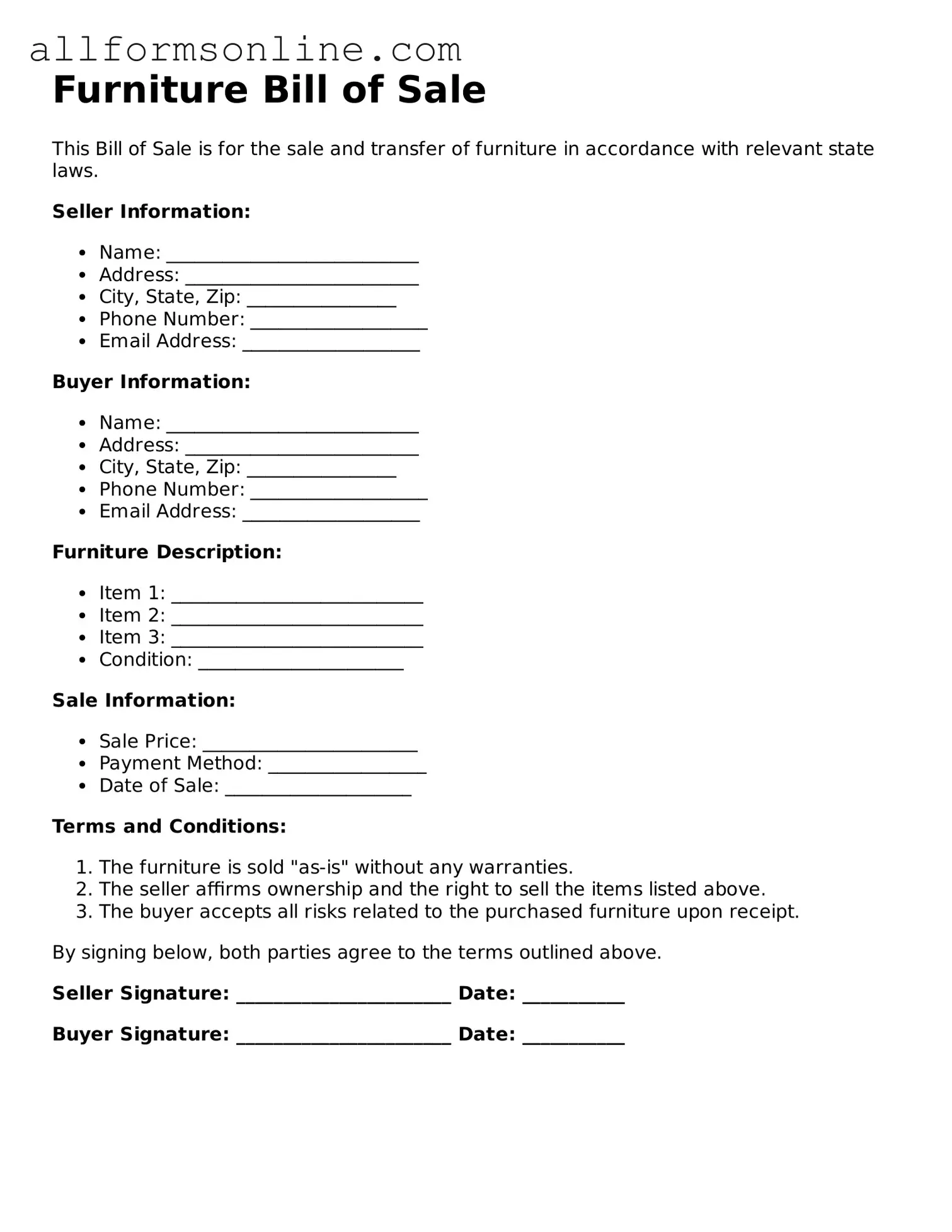 Blank Furniture Bill of Sale Form