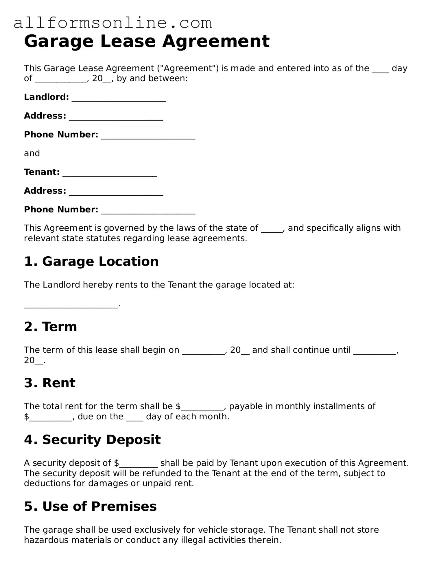 Blank Garage Lease Agreement Form