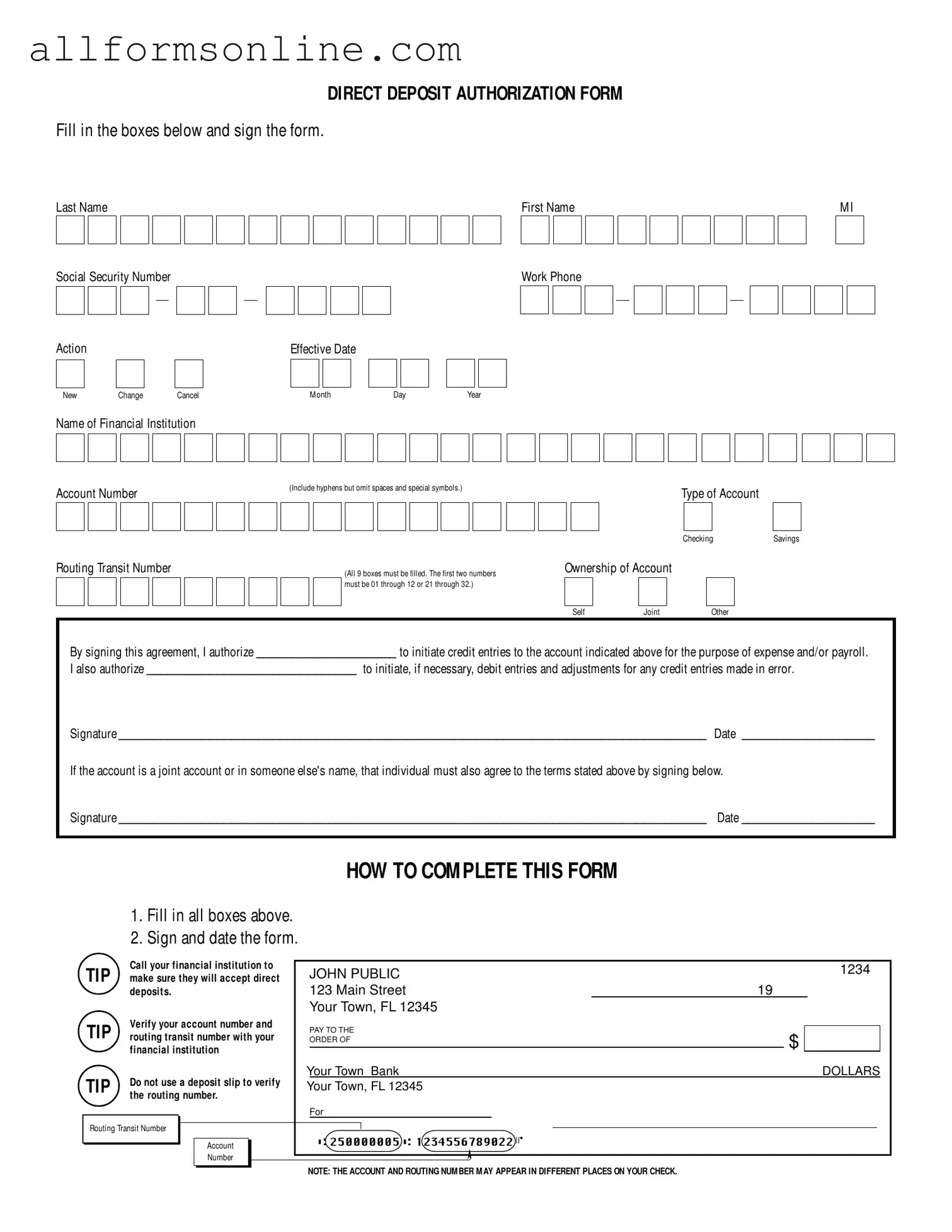 Free Generic Direct Deposit PDF Form
