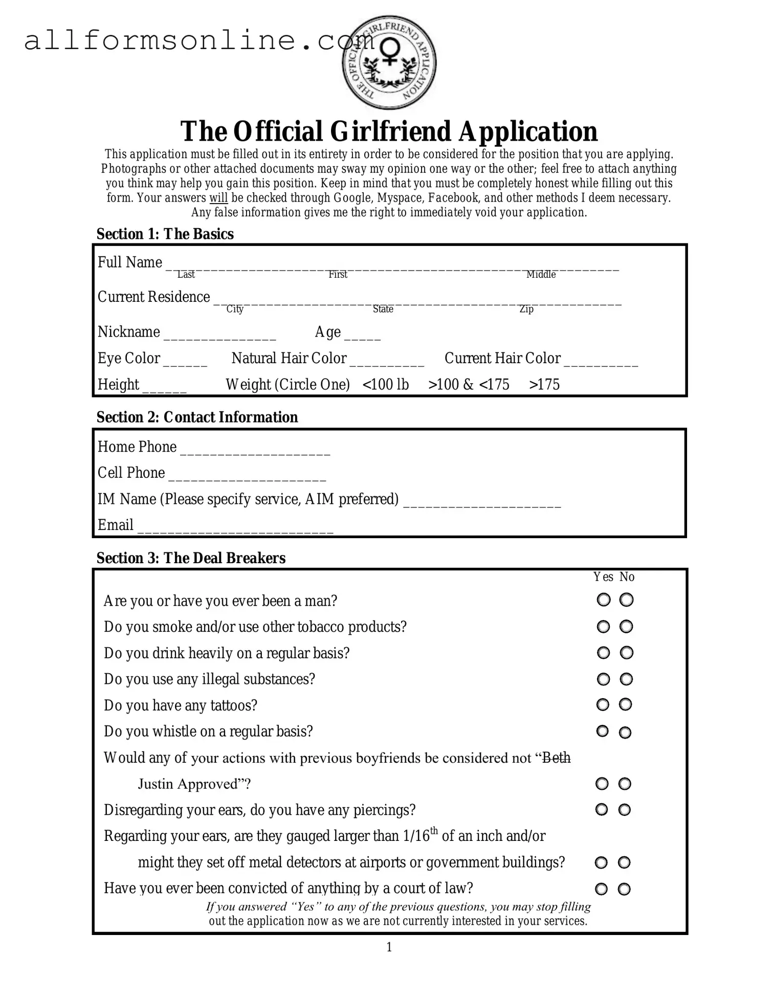 Free Girlfriend Application PDF Form